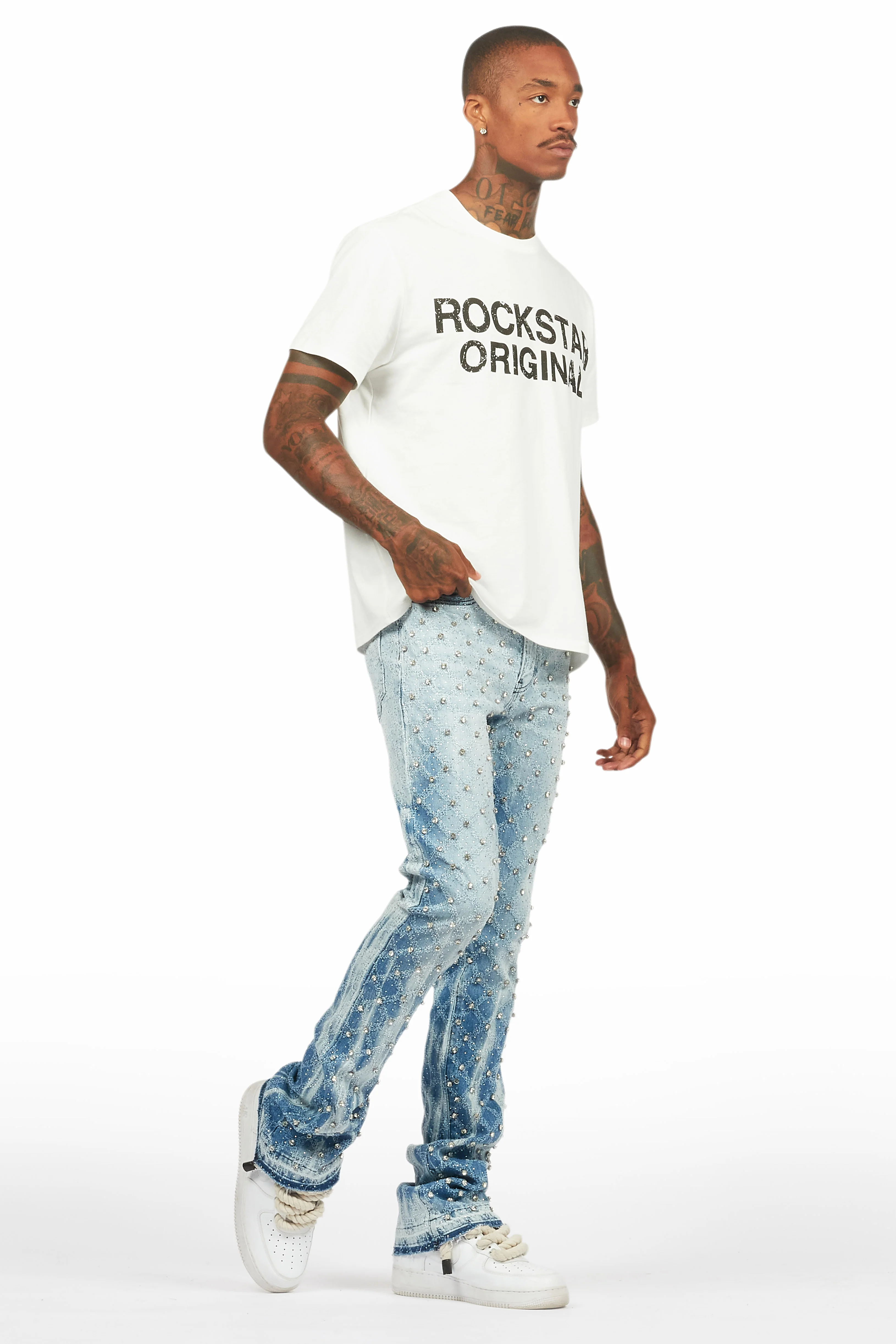 Glit Blue Rhinestone Stacked Flare Jean - Image 7