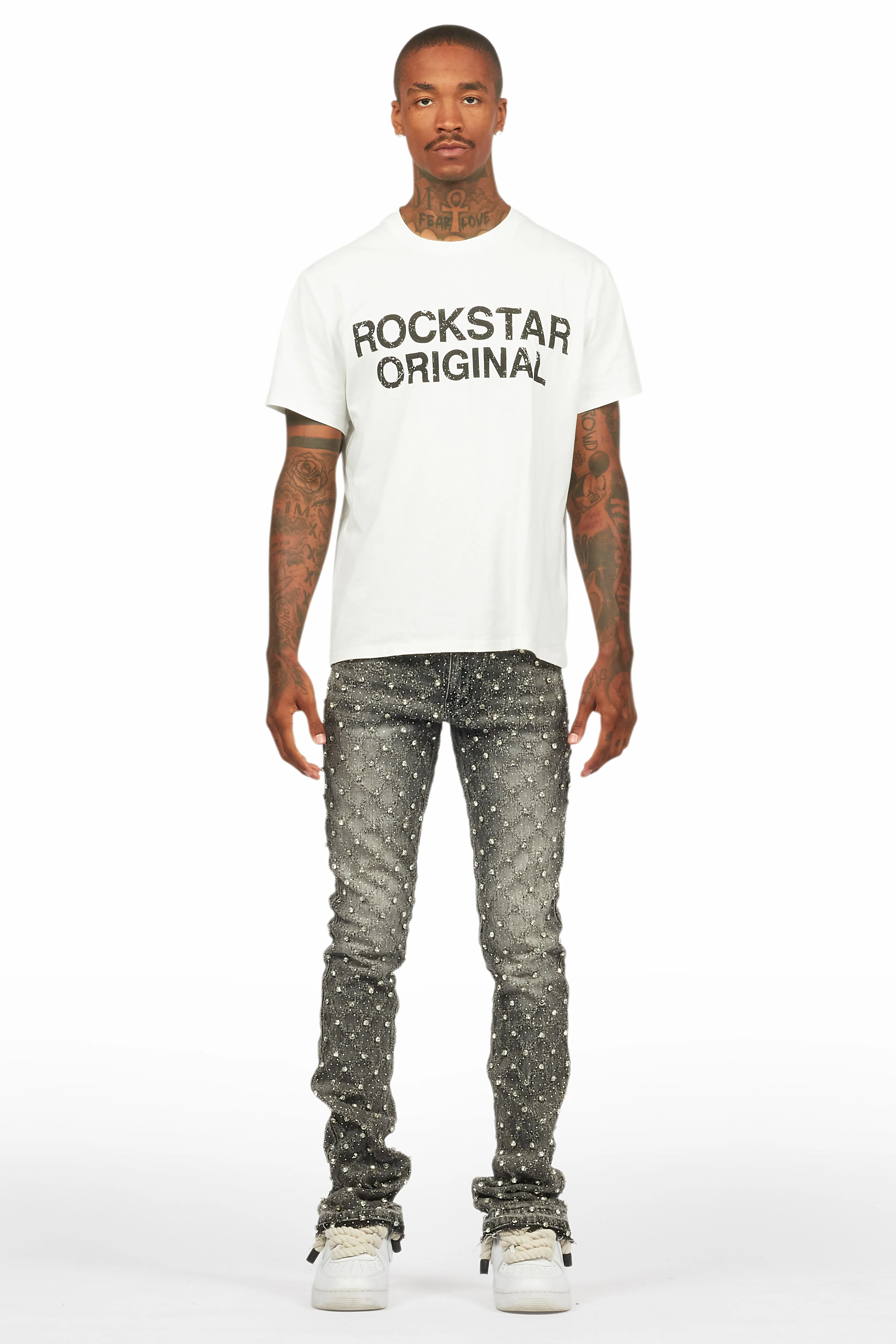 Glit Grey Rhinestone Stacked Flare Jean - Image 6