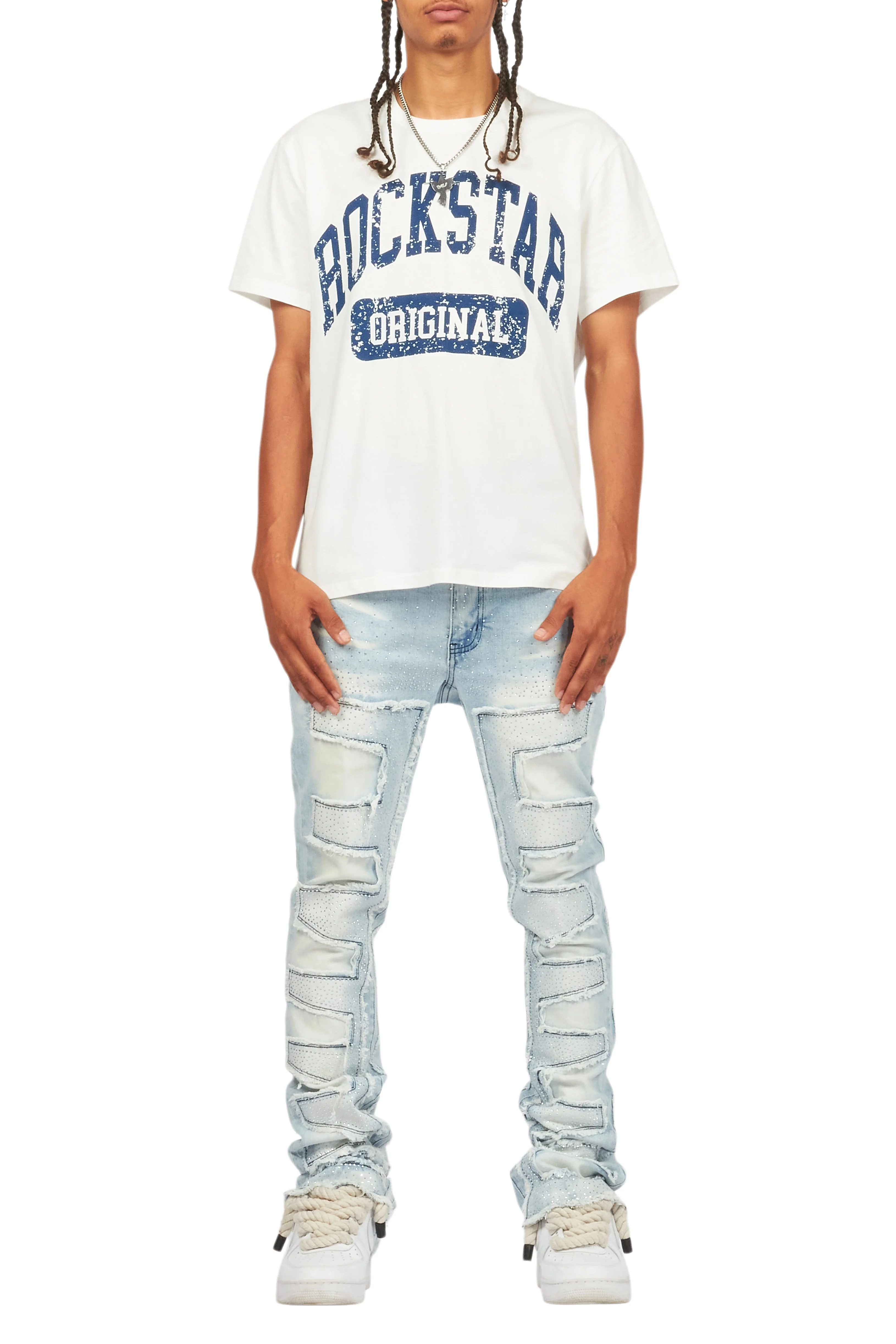 Shake Light Blue Rhinestone Stacked Flare Jean - Image 11
