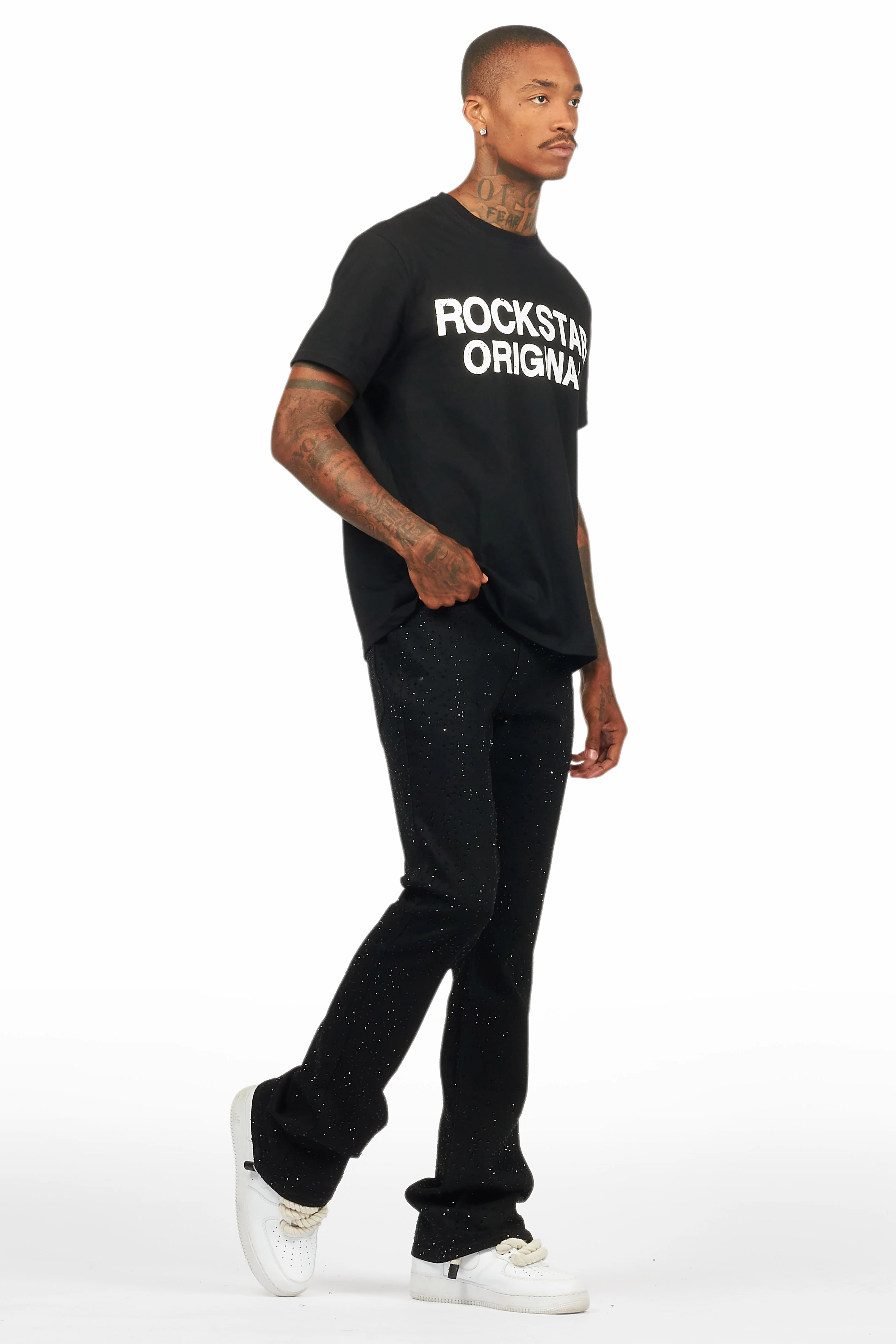 Lucki Black Rhinestone Stacked Flare Jean - Image 7