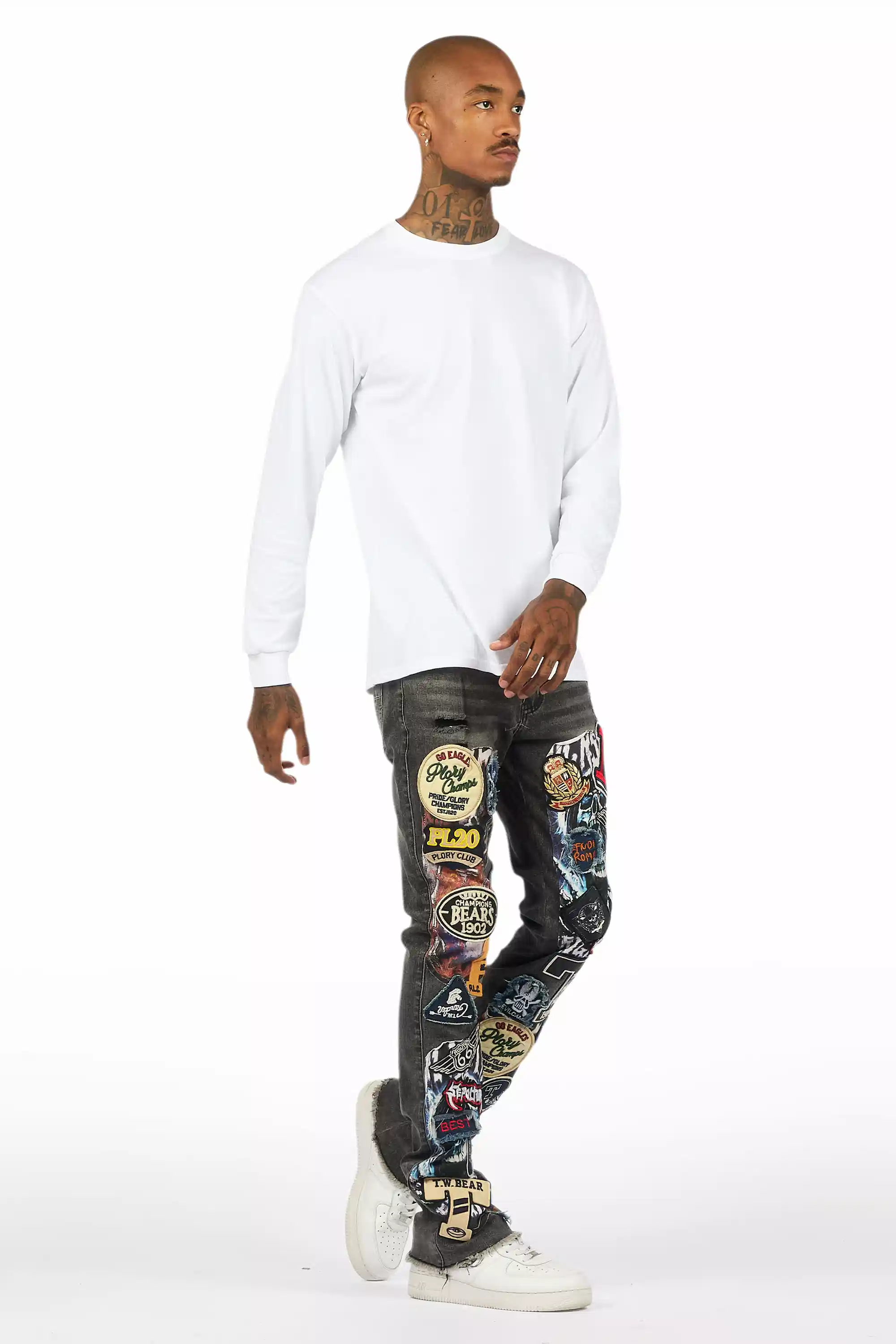 Espan Dark Grey Stacked Flare Jean - Image 5