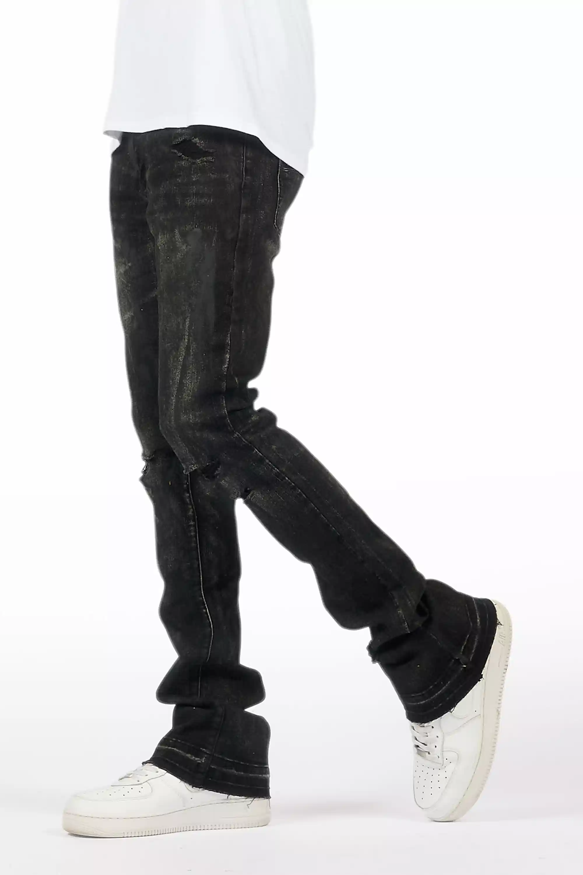 Inkspill Grey Oil Wash Stacked Flare Jean