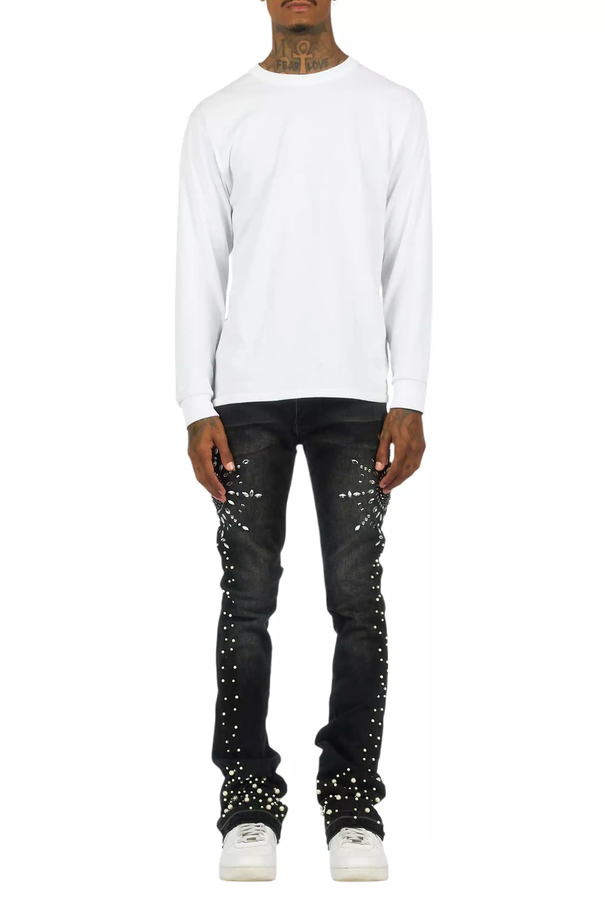 Tryst Dark Grey Rhinestone Stacked Flare Jean - Image 11