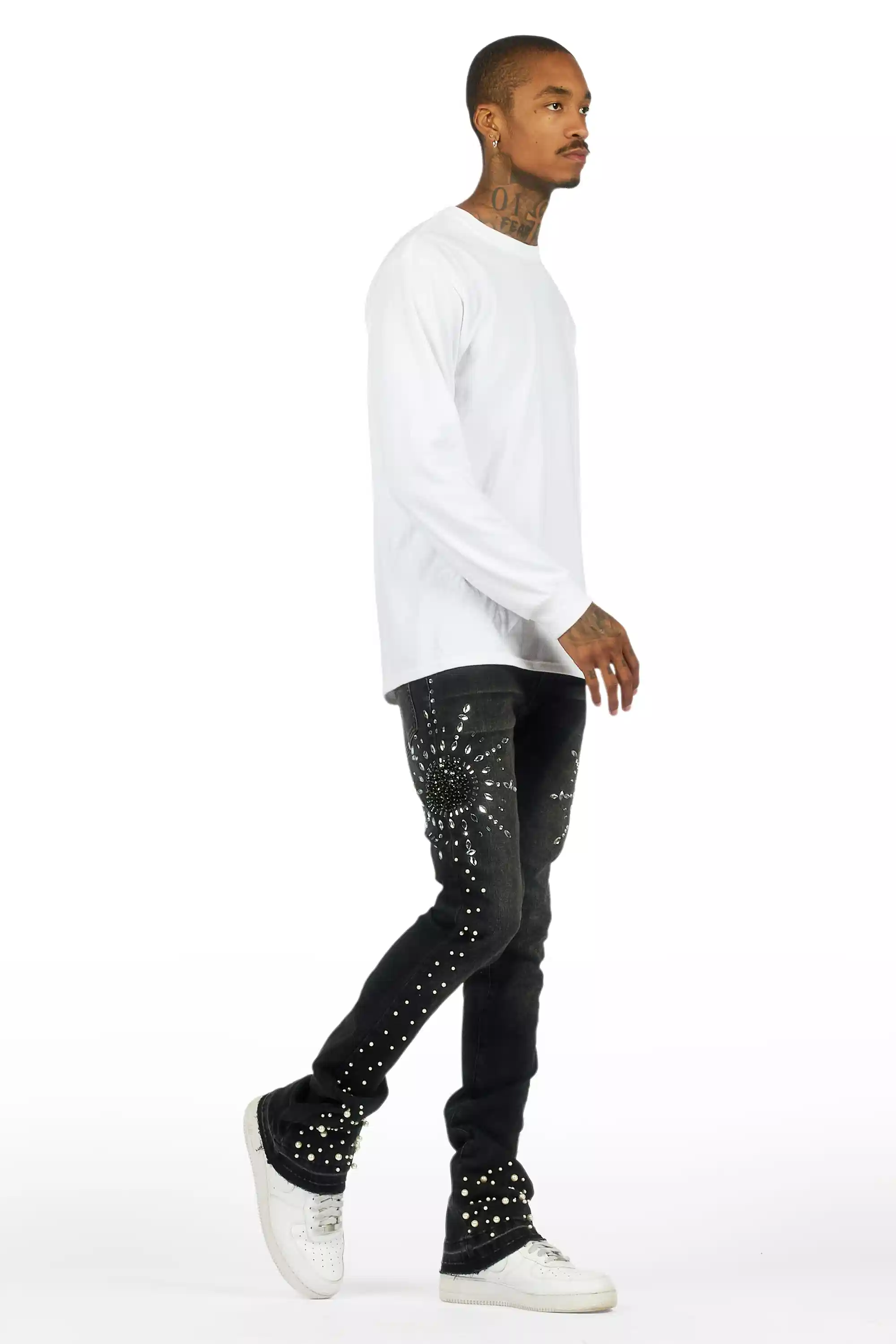 Tryst Dark Grey Rhinestone Stacked Flare Jean - Image 4