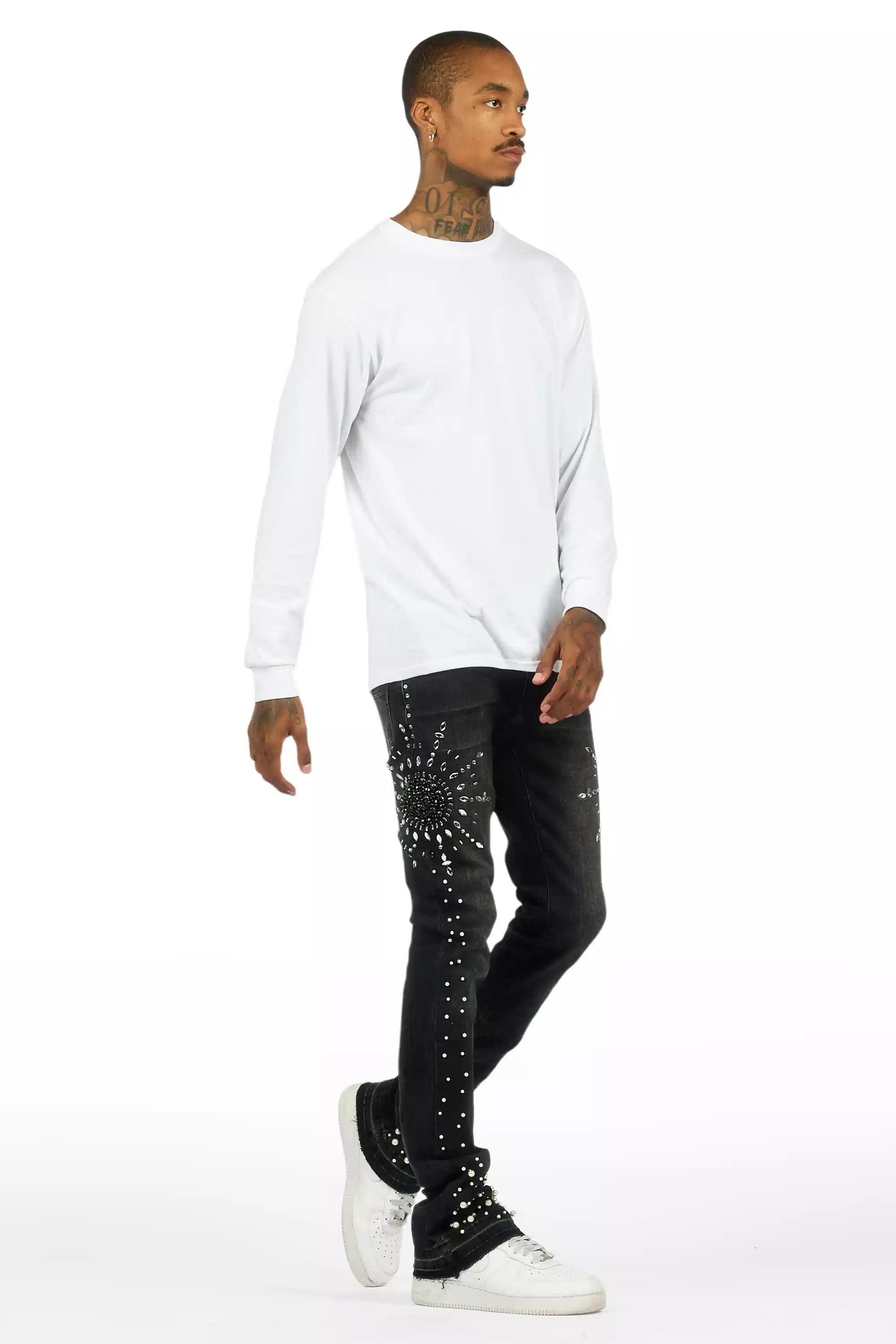 Tryst Dark Grey Rhinestone Stacked Flare Jean - Image 5