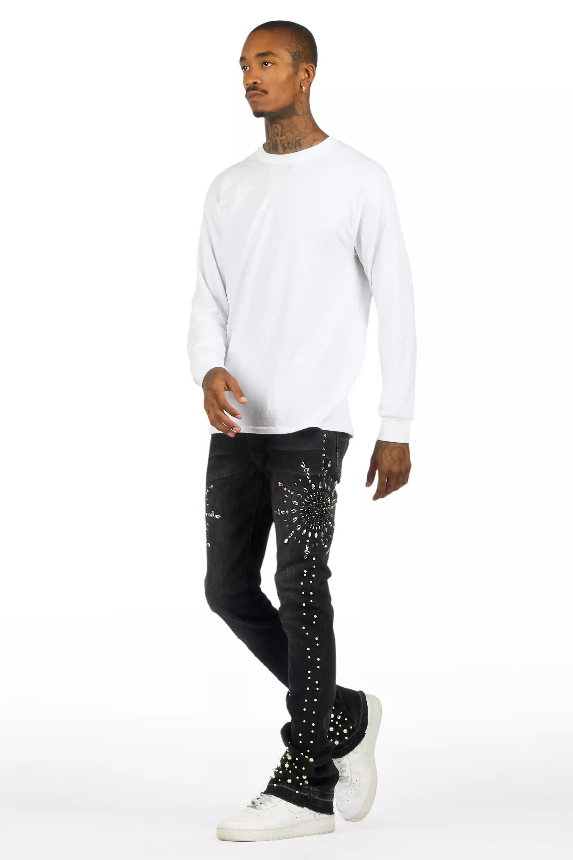 Tryst Dark Grey Rhinestone Stacked Flare Jean - Image 6