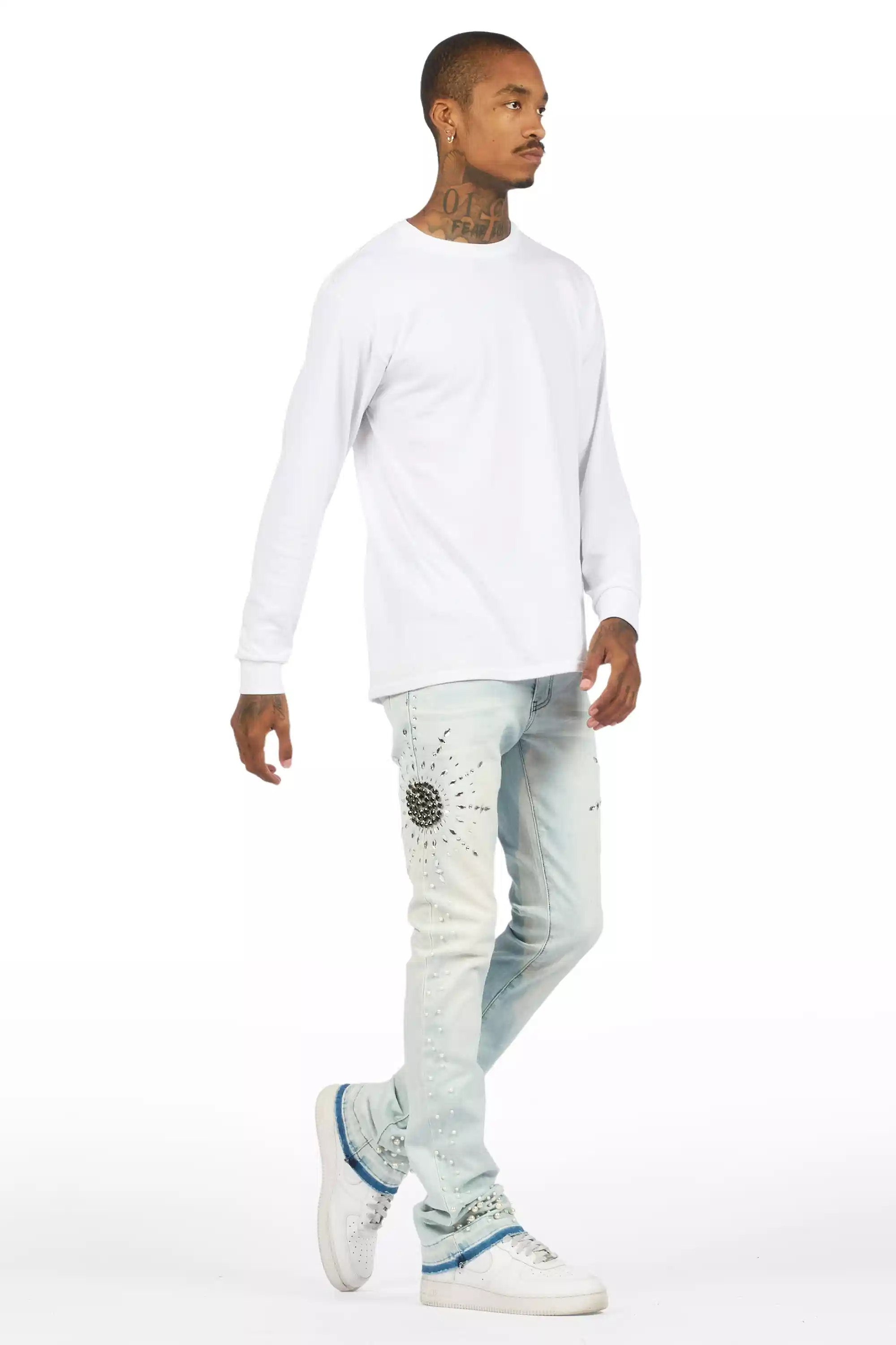Tryst Light Blue Rhinestone Stacked Flare Jean - Image 5