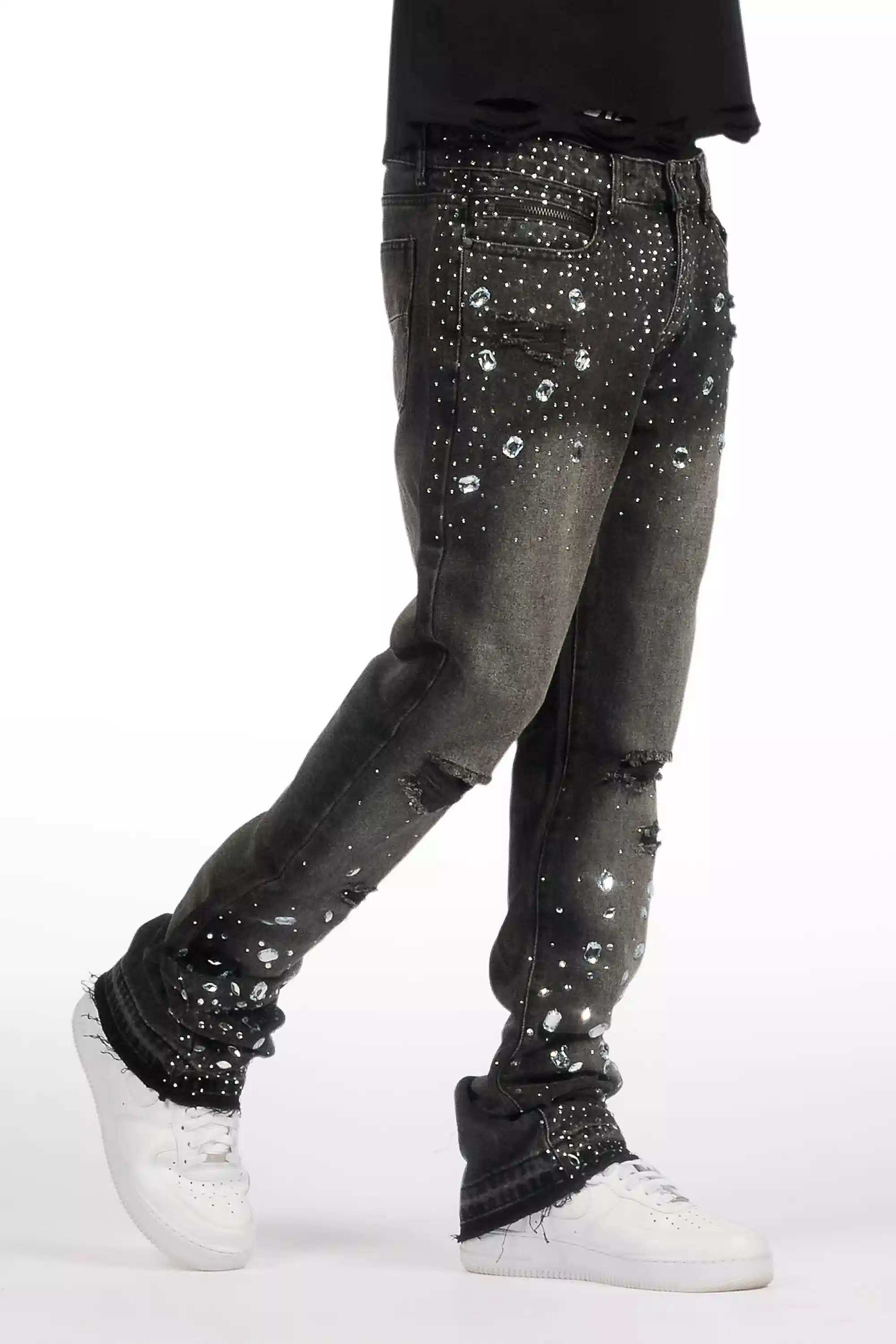 Glanz Dark Grey Rhinestone Stacked Flare Jean