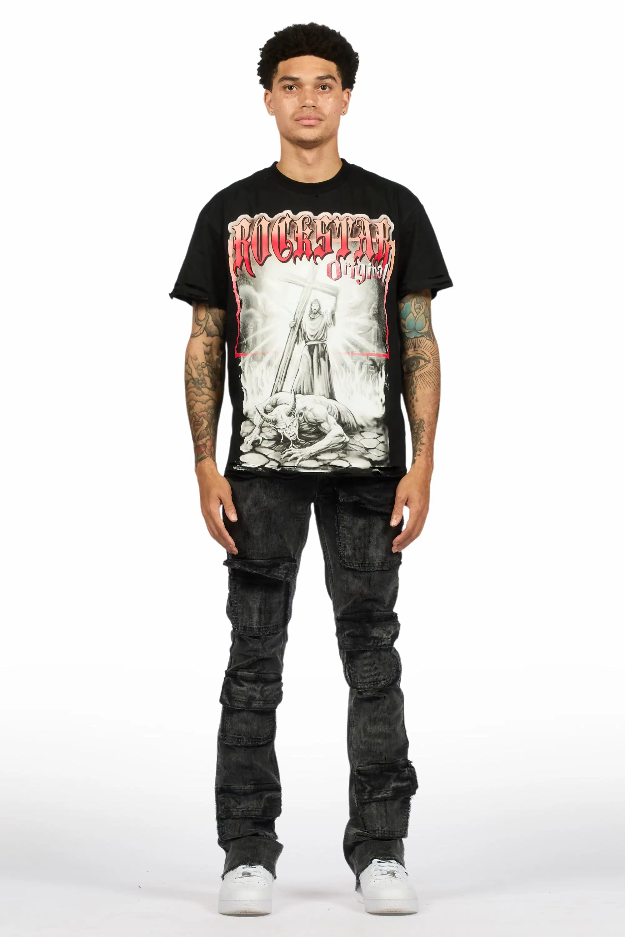 Petrus Grey Stacked Flare Corduroy Pant - Image 3