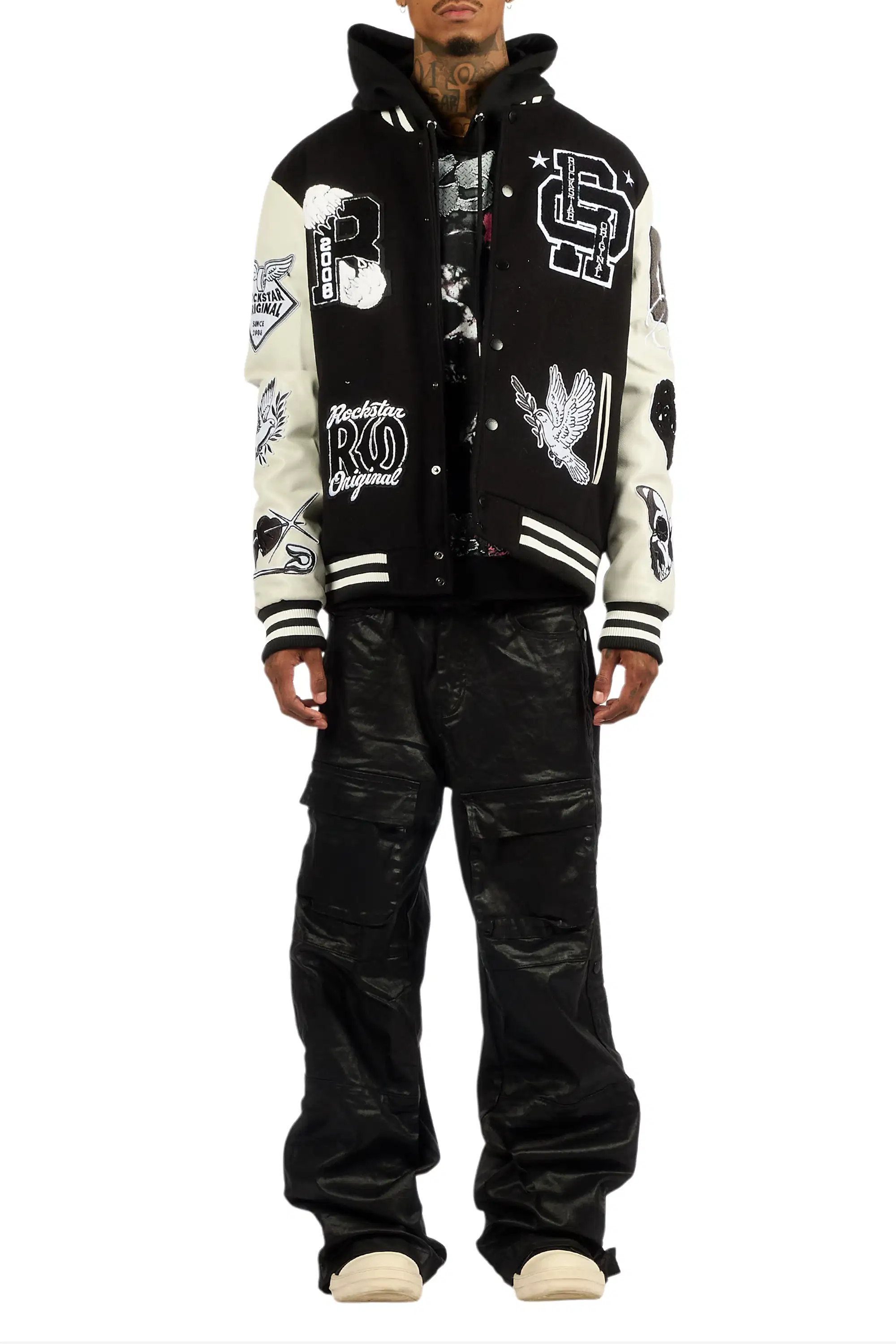 Yuri Black Baggy Cargo Flare Coated Pant - Image 8