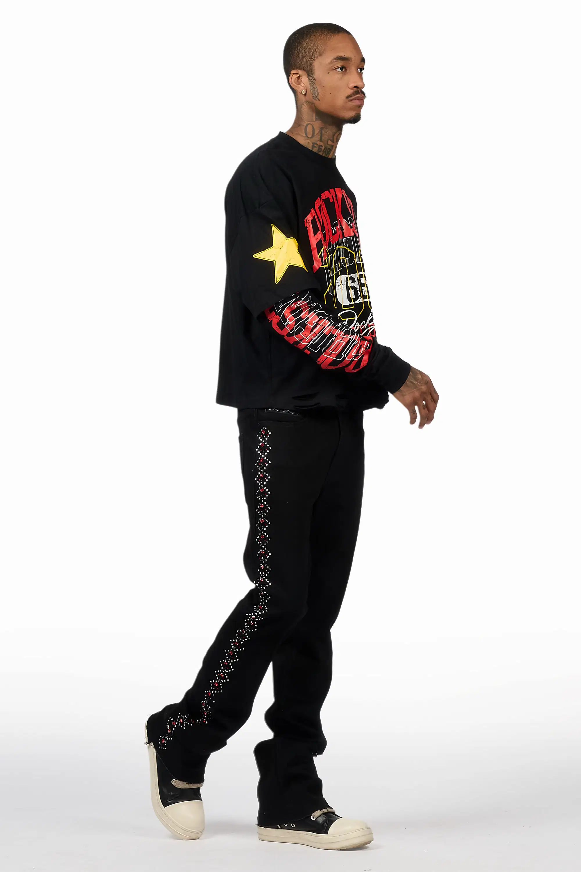 Ozi Rhinestone Black Stacked Flare Jean - Image 5