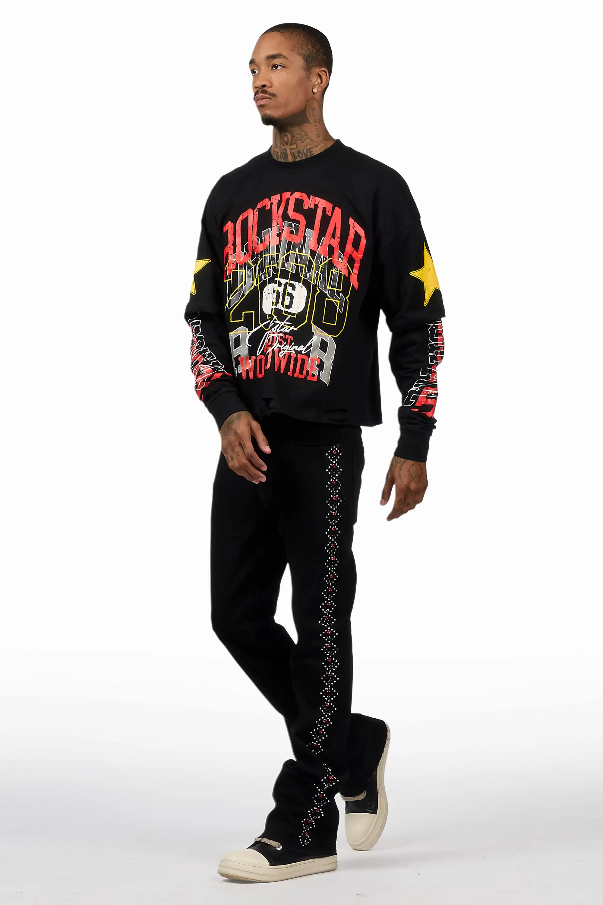 Ozi Rhinestone Black Stacked Flare Jean - Image 7
