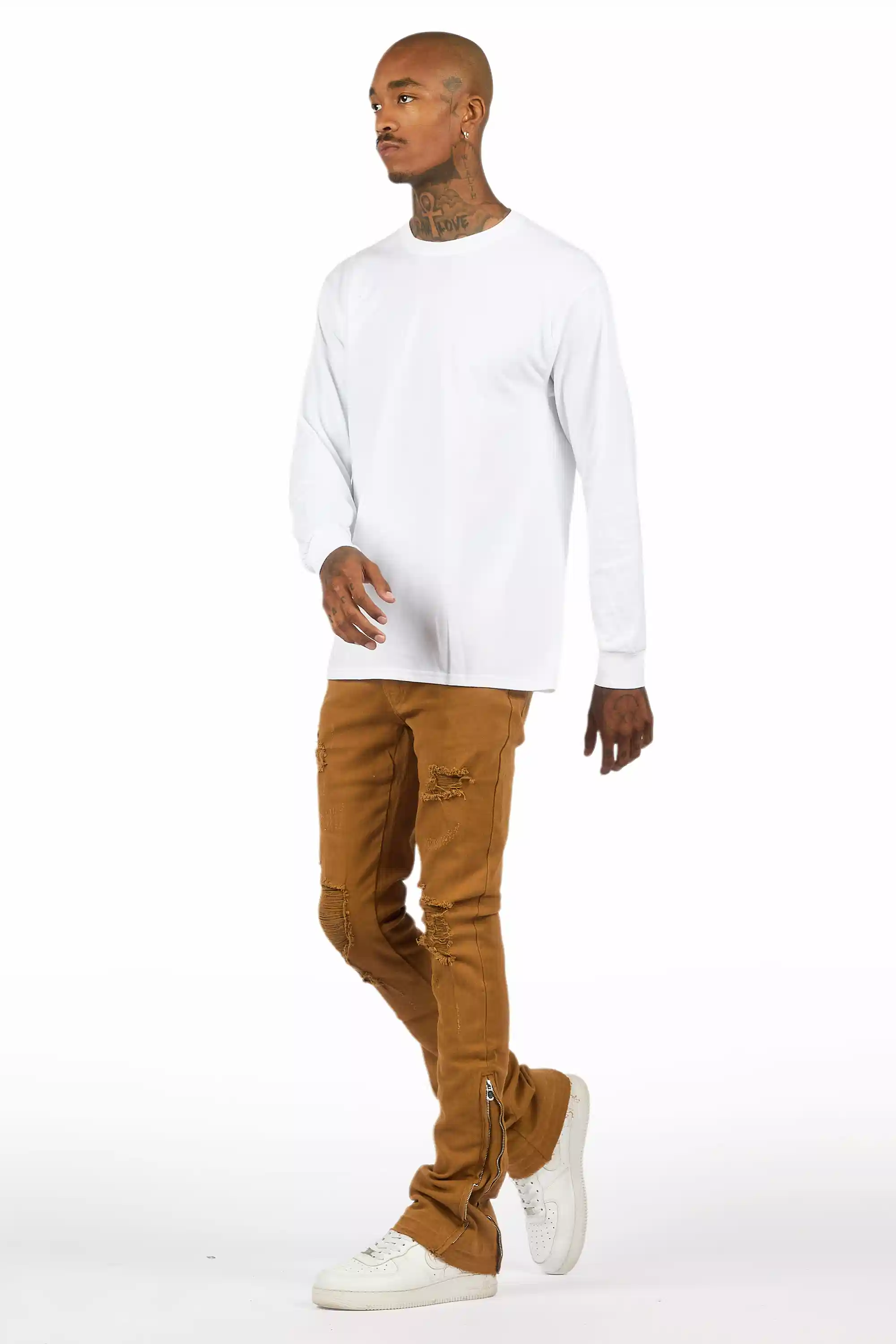 Jaymes Beige Stacked Flare Jean - Image 7