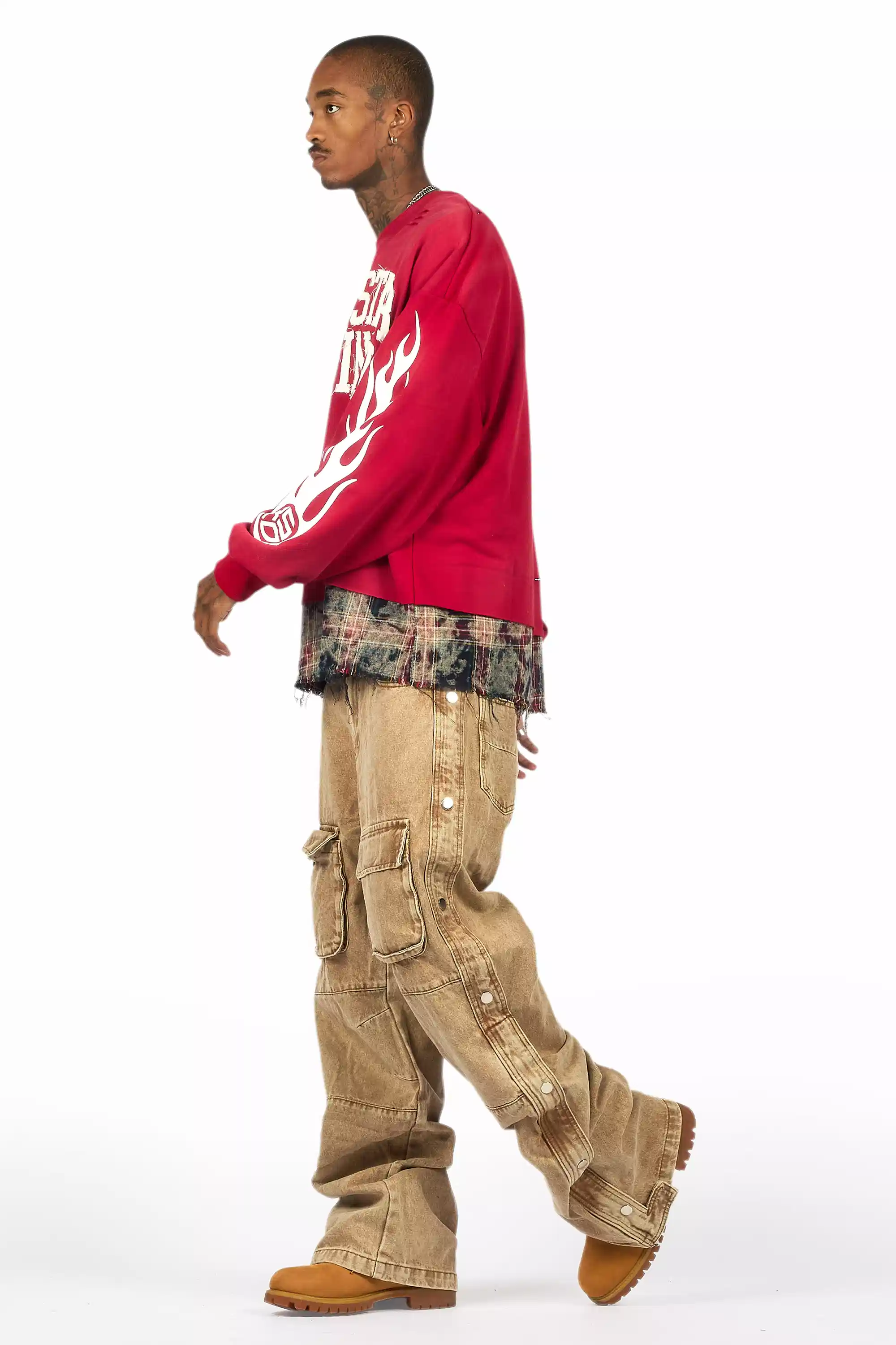 Yuri Beige Stacked Cargo Flare Jean - Image 5