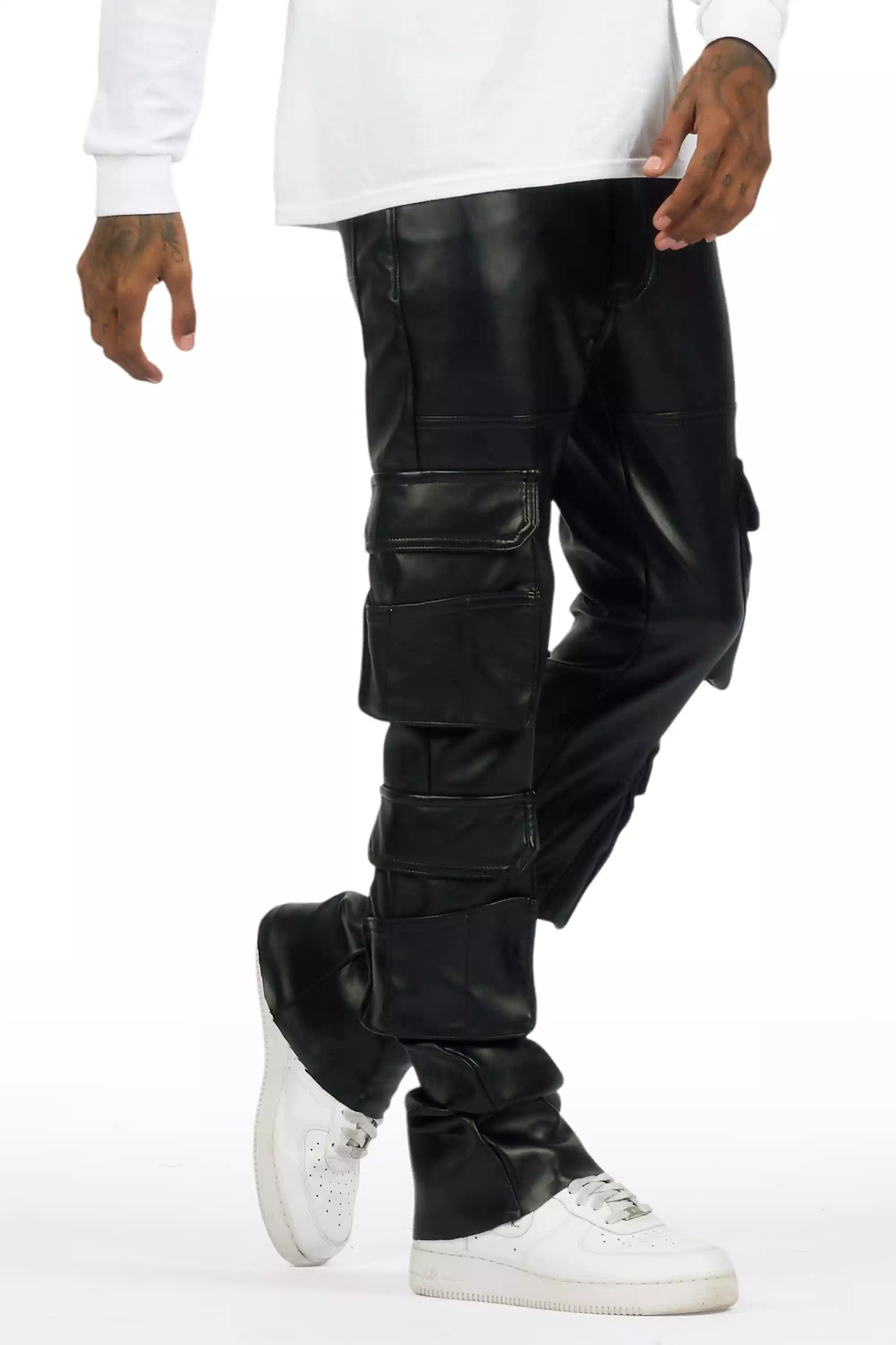 Keylor Black Stacked Flare PU Pants - Image 6
