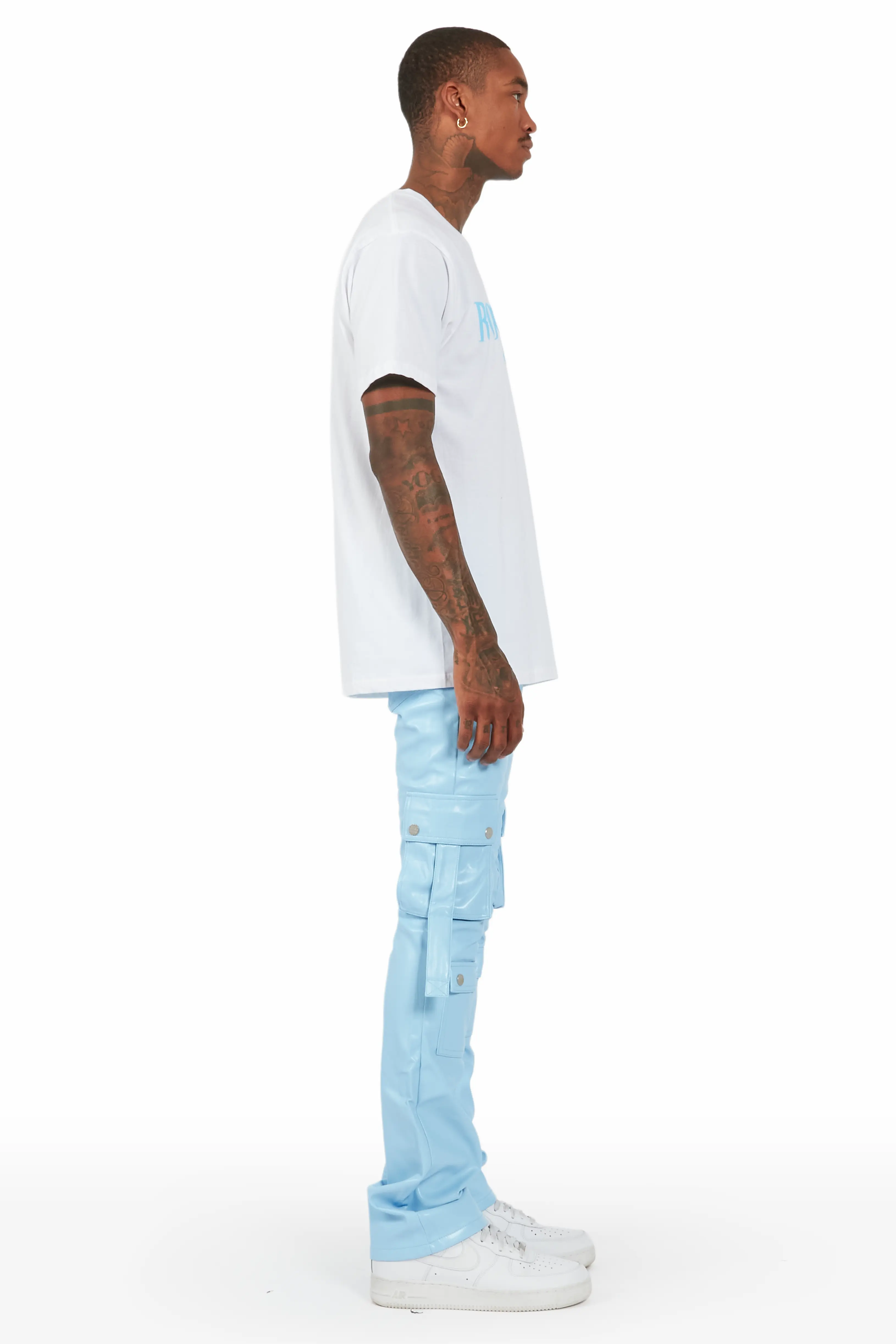 Errol Baby Blue Faux Leather Stacked Cargo Jean - Image 4