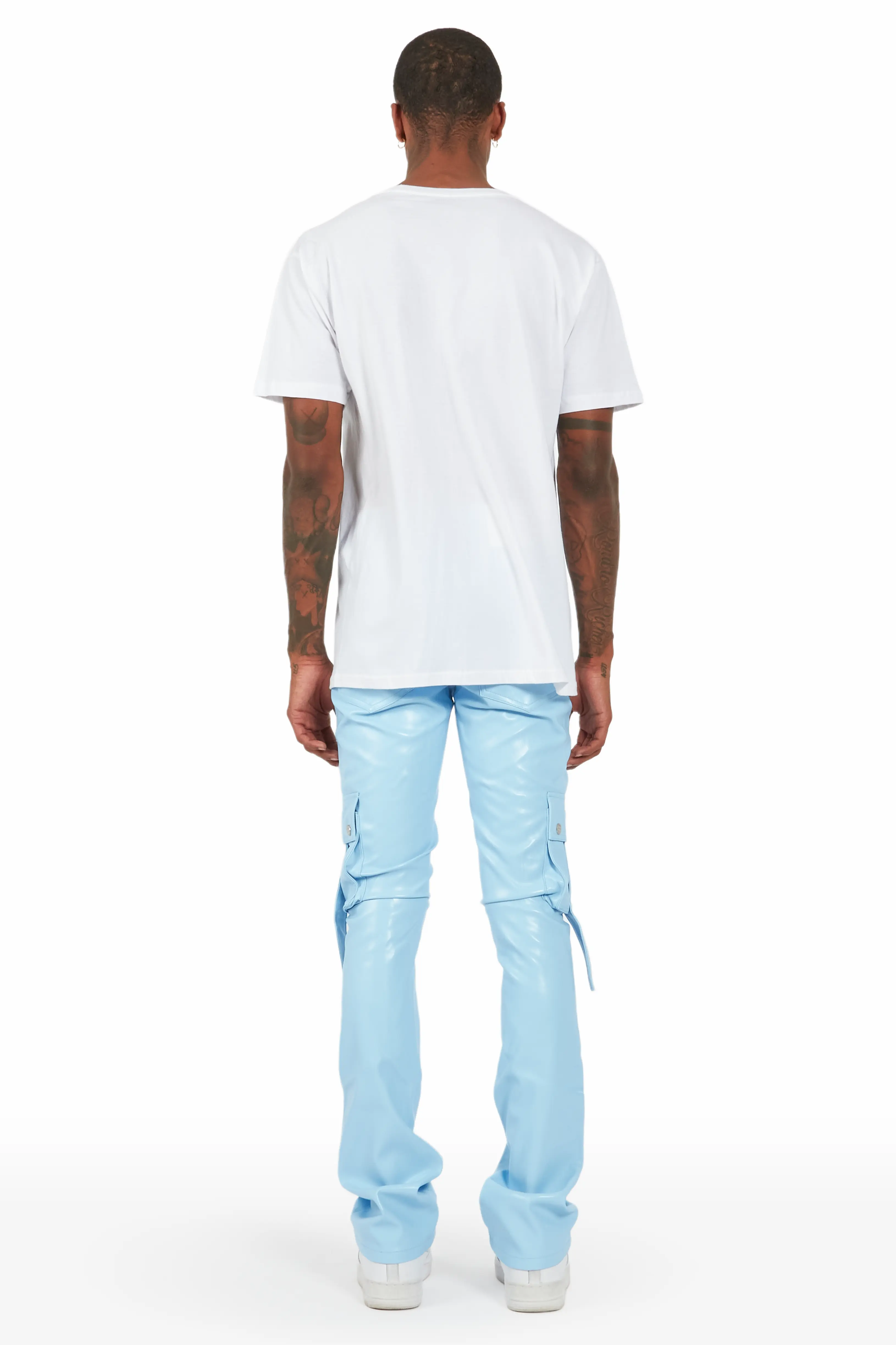 Errol Baby Blue Faux Leather Stacked Cargo Jean - Image 5