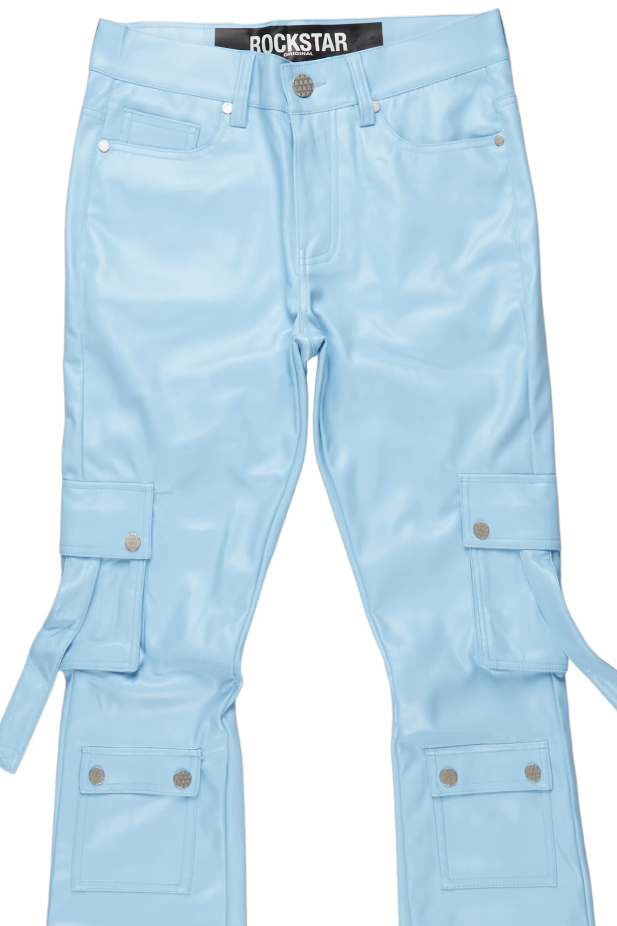 Errol Baby Blue Faux Leather Stacked Cargo Jean - Image 7