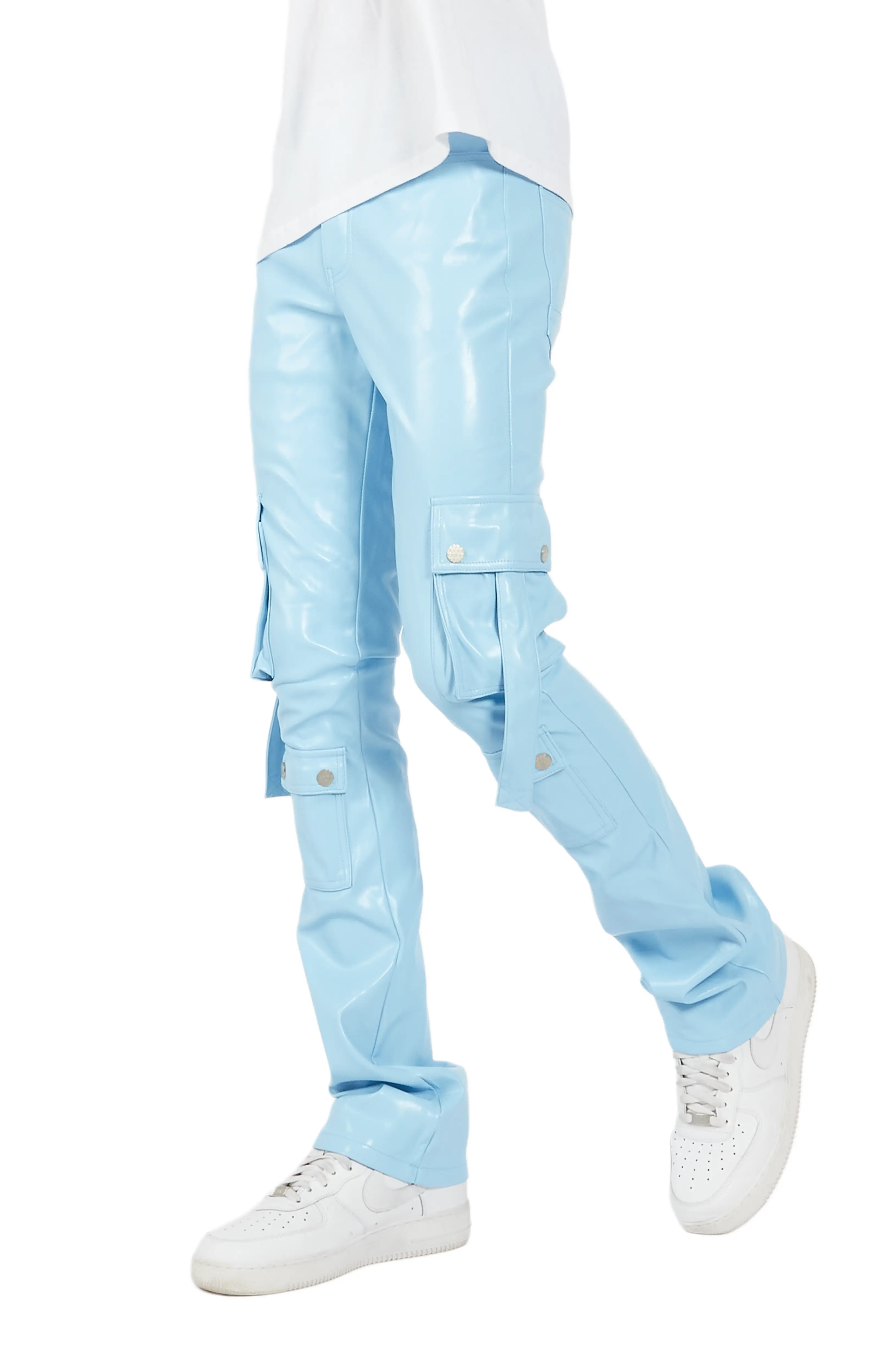 Errol Baby Blue Faux Leather Stacked Cargo Jean - Image 9