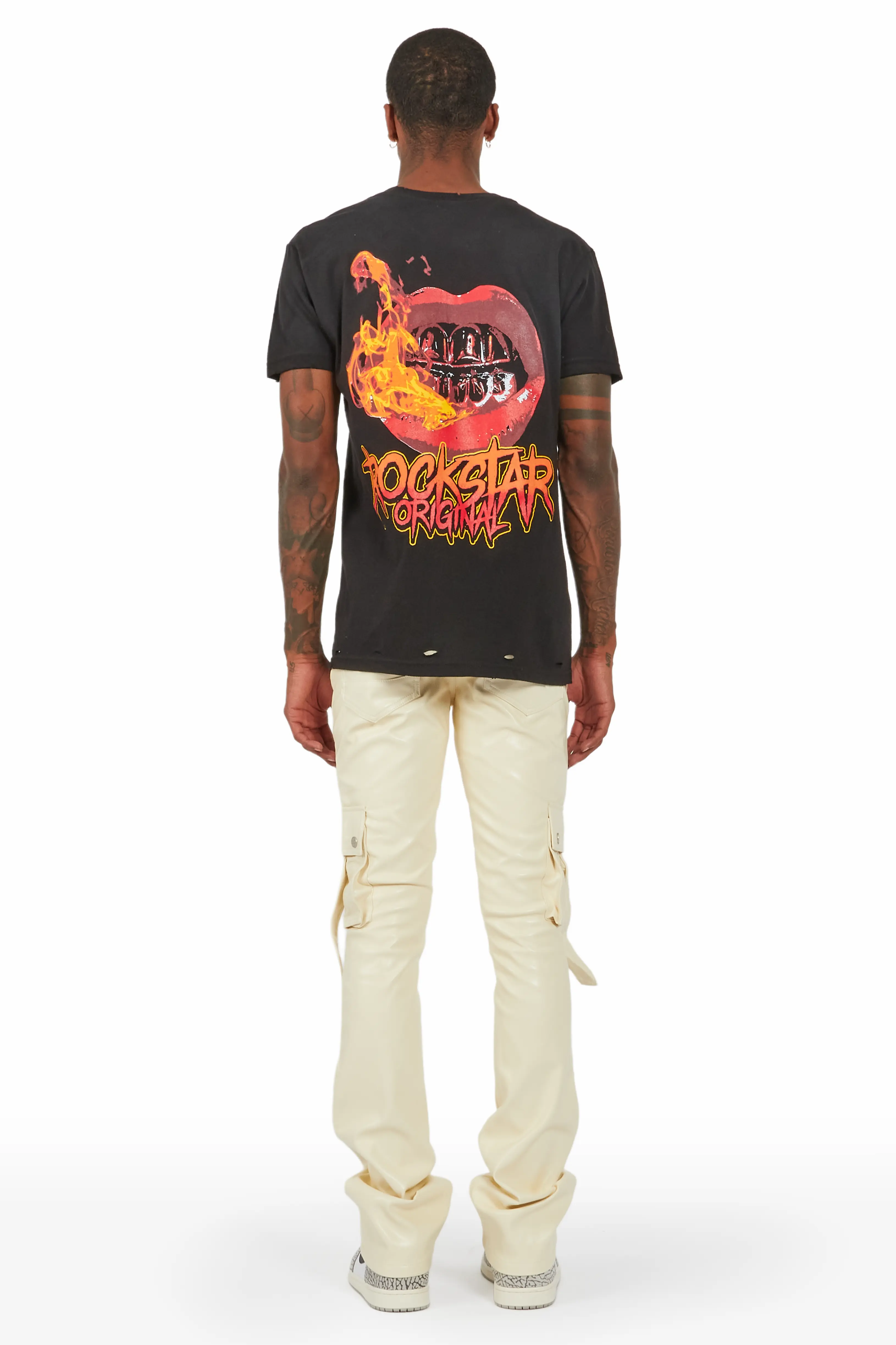 Errol Cream Faux Leather Stacked Cargo Jean - Image 4