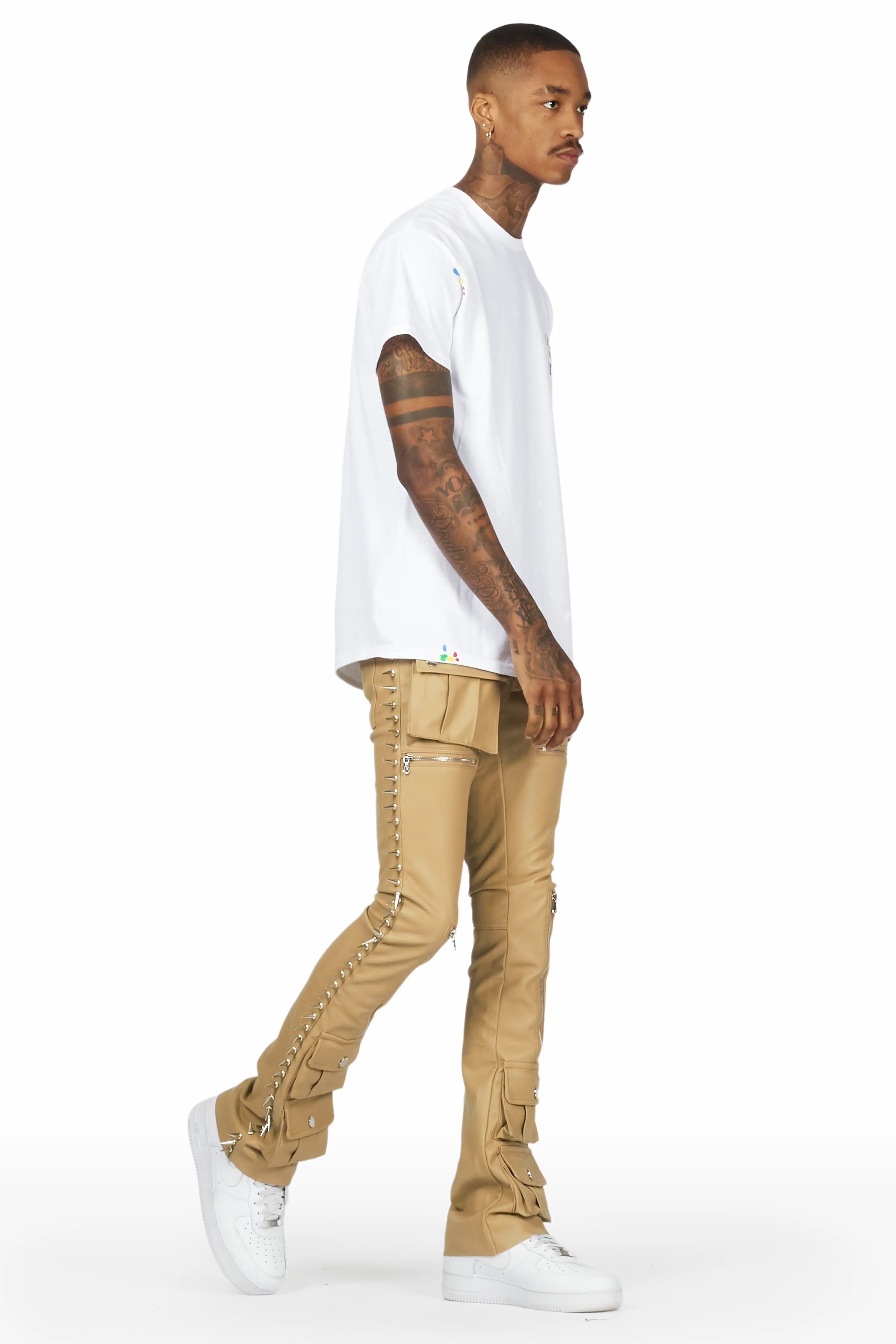 Leopold Beige PU Stacked Flare Jean - Image 6