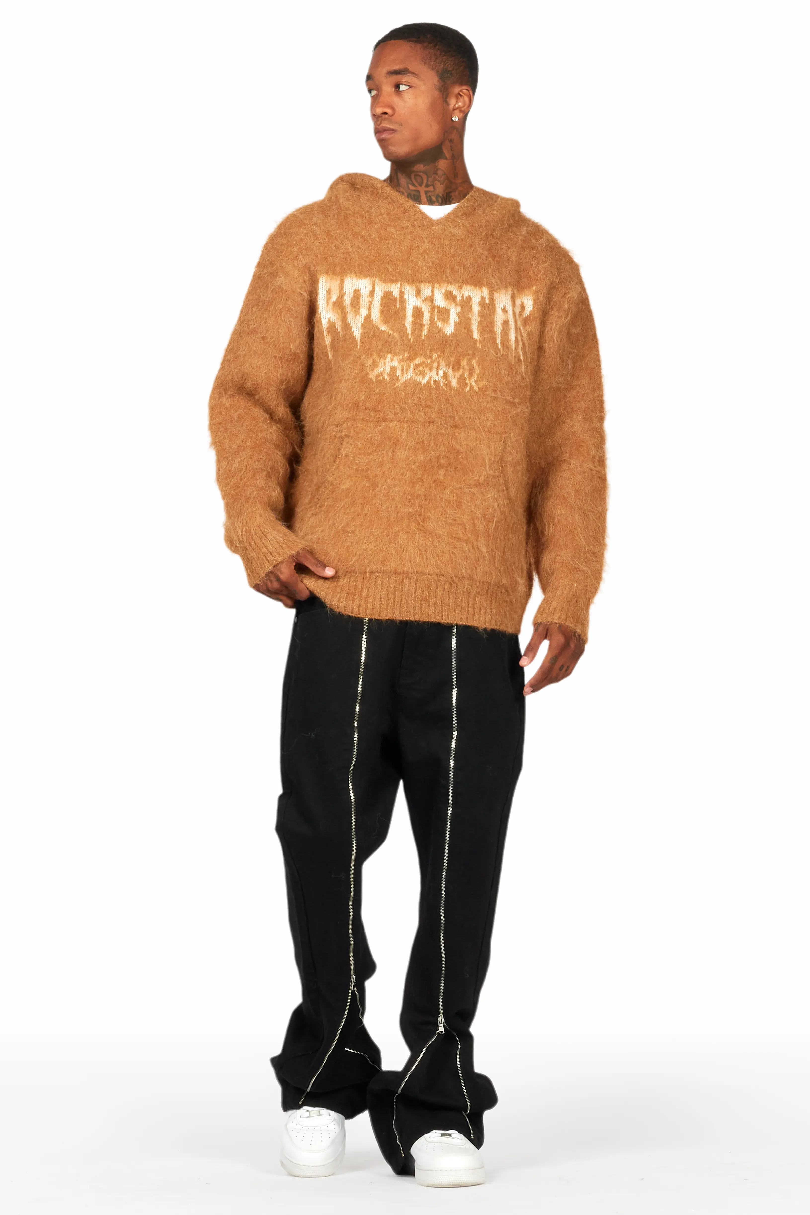 Andros Brown Graphic Knitted Hoodie - Image 3