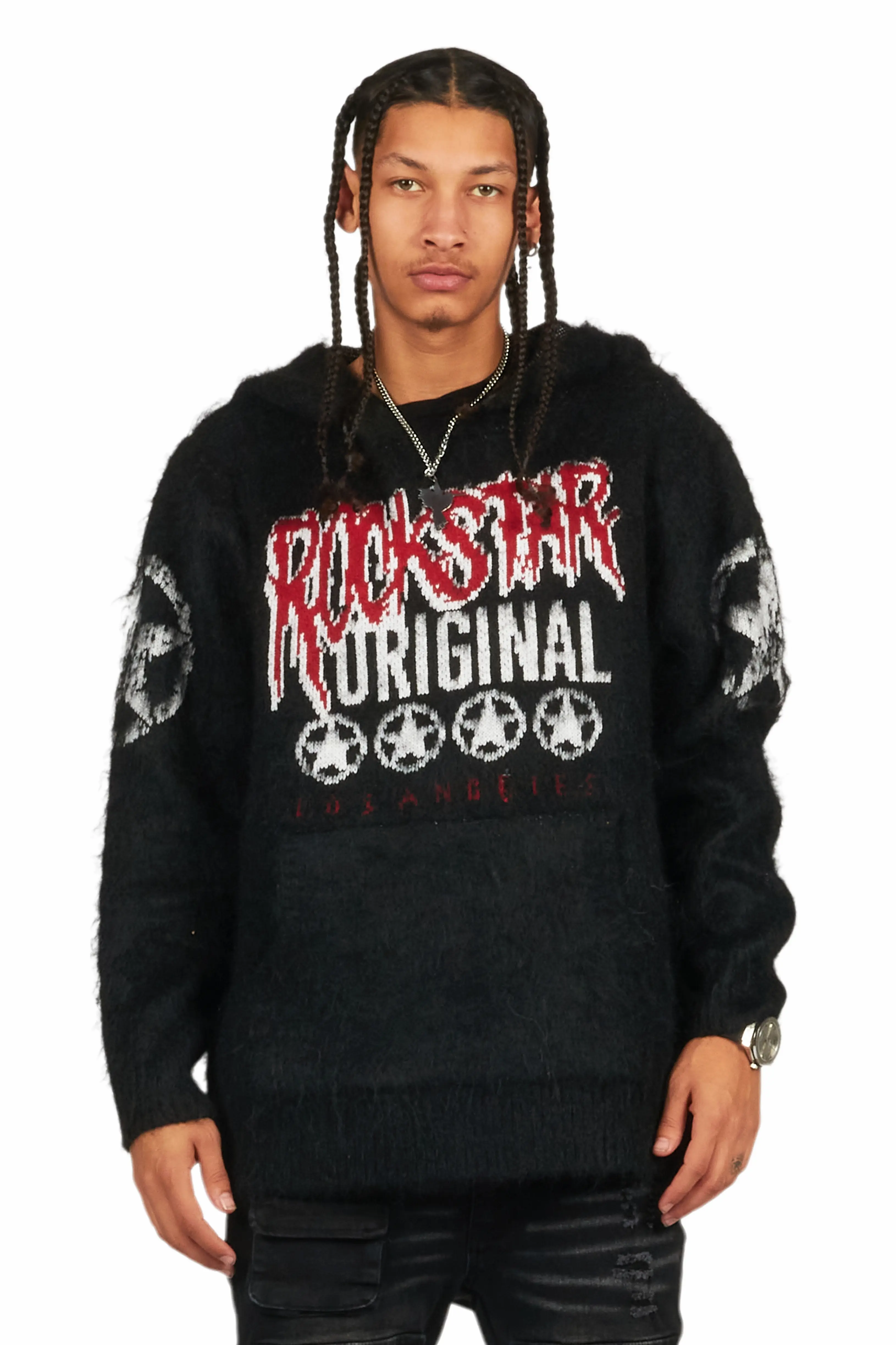 Wizzurd Black Graphic Knitted Mohair Hoodie - Image 2