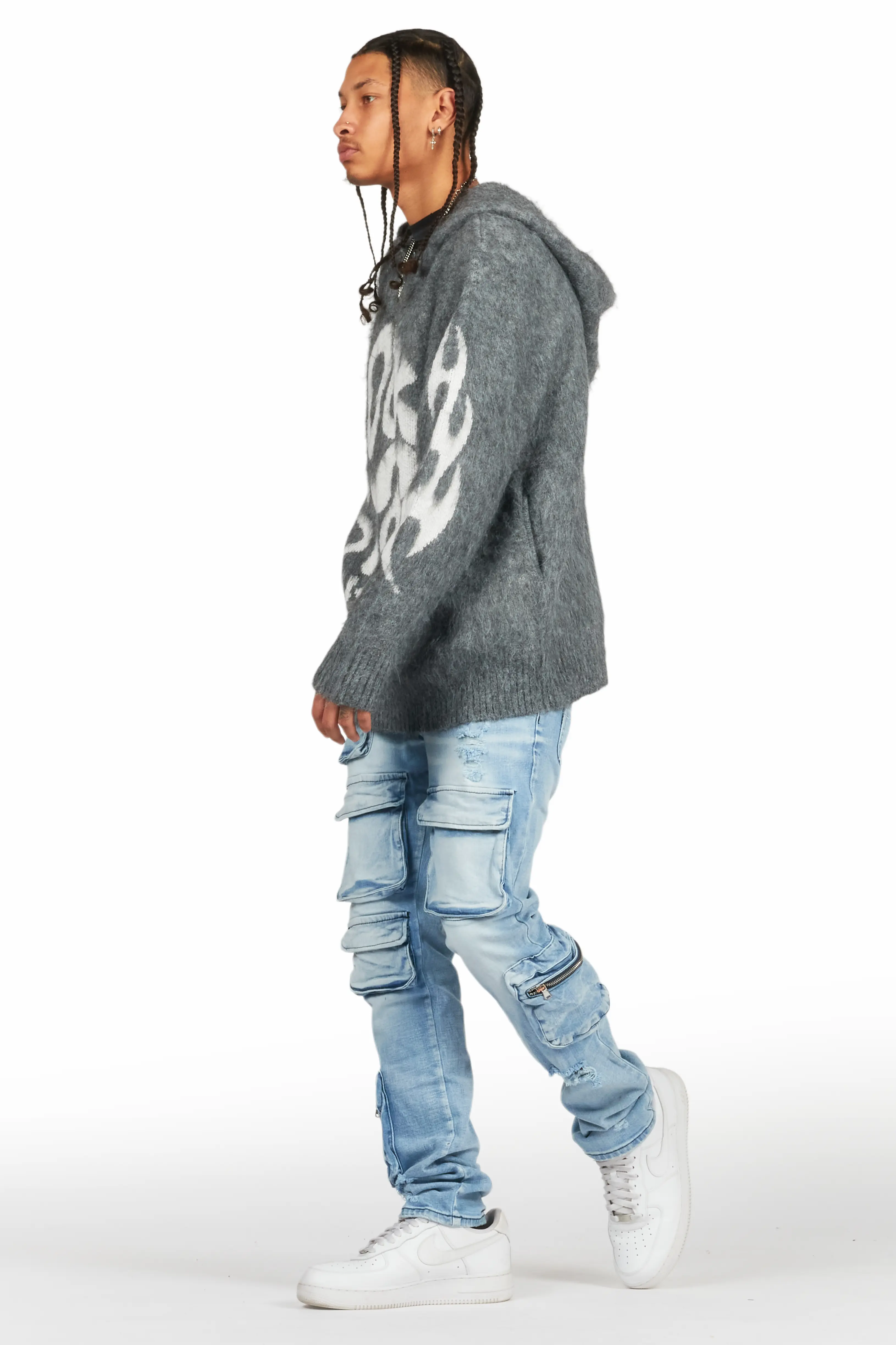 Hakon Grey Graphic Knitted Mohair Hoodie - Image 5
