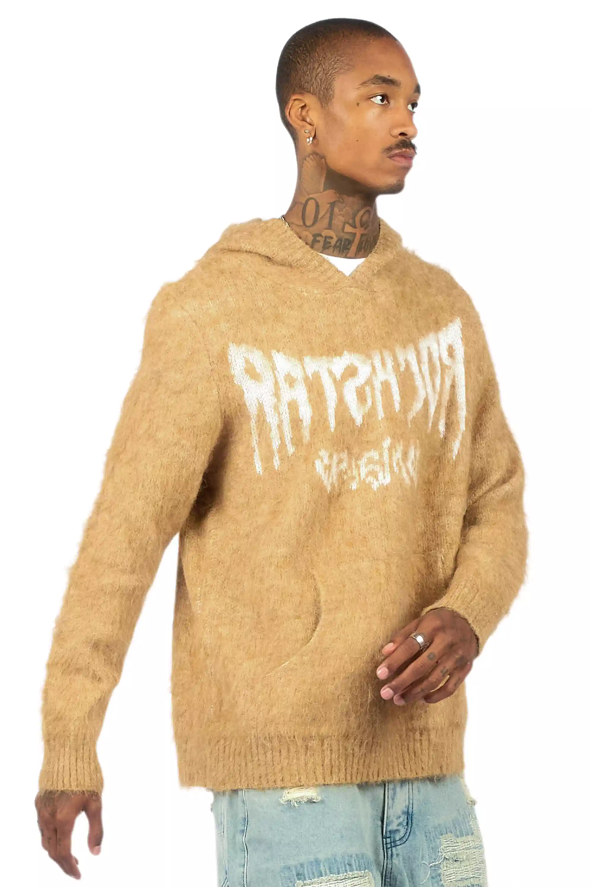 Andros Reflected Beige Graphic Knitted Hoodie - Image 3