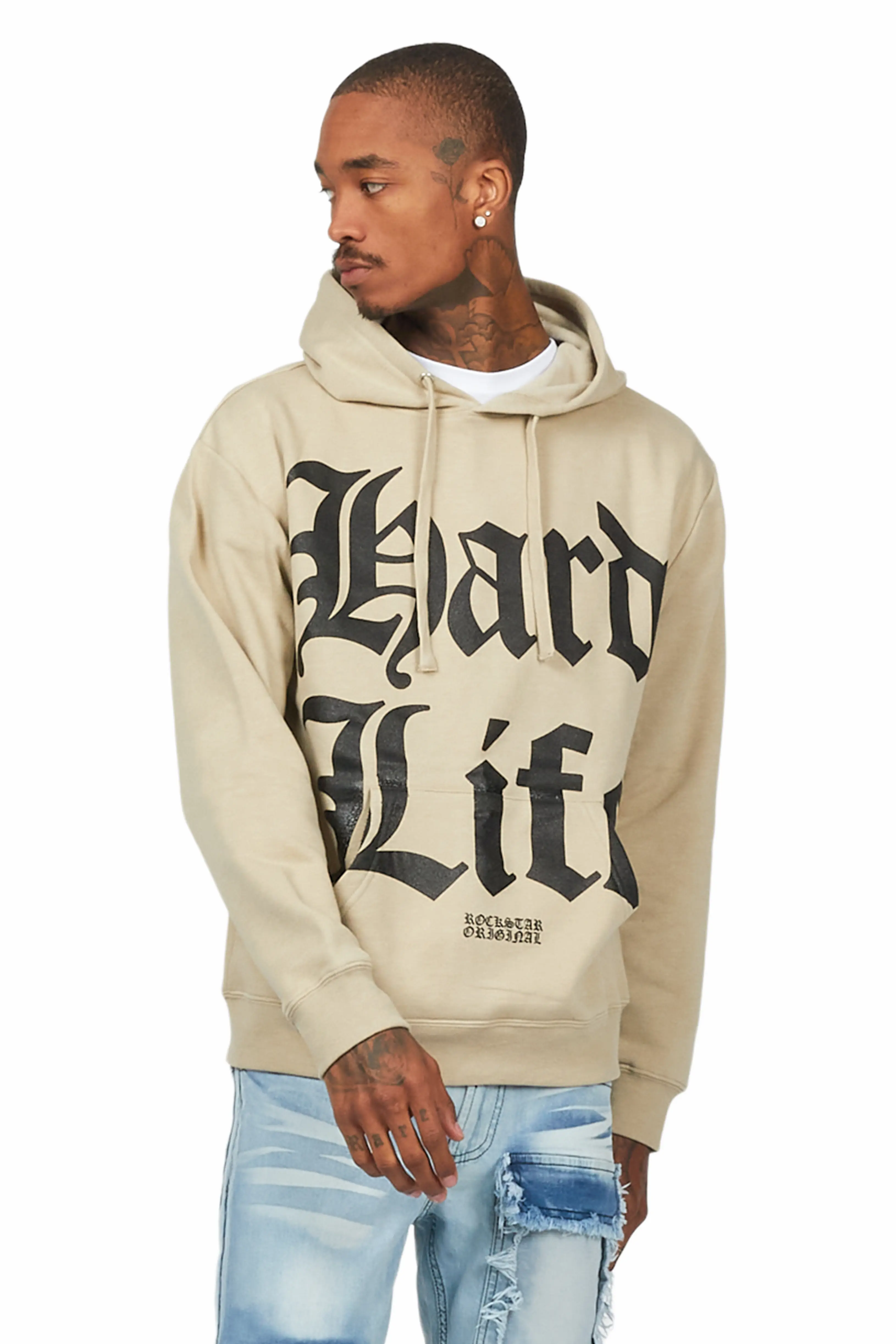 Hard Life Beige Graphic Hoodie - Image 4
