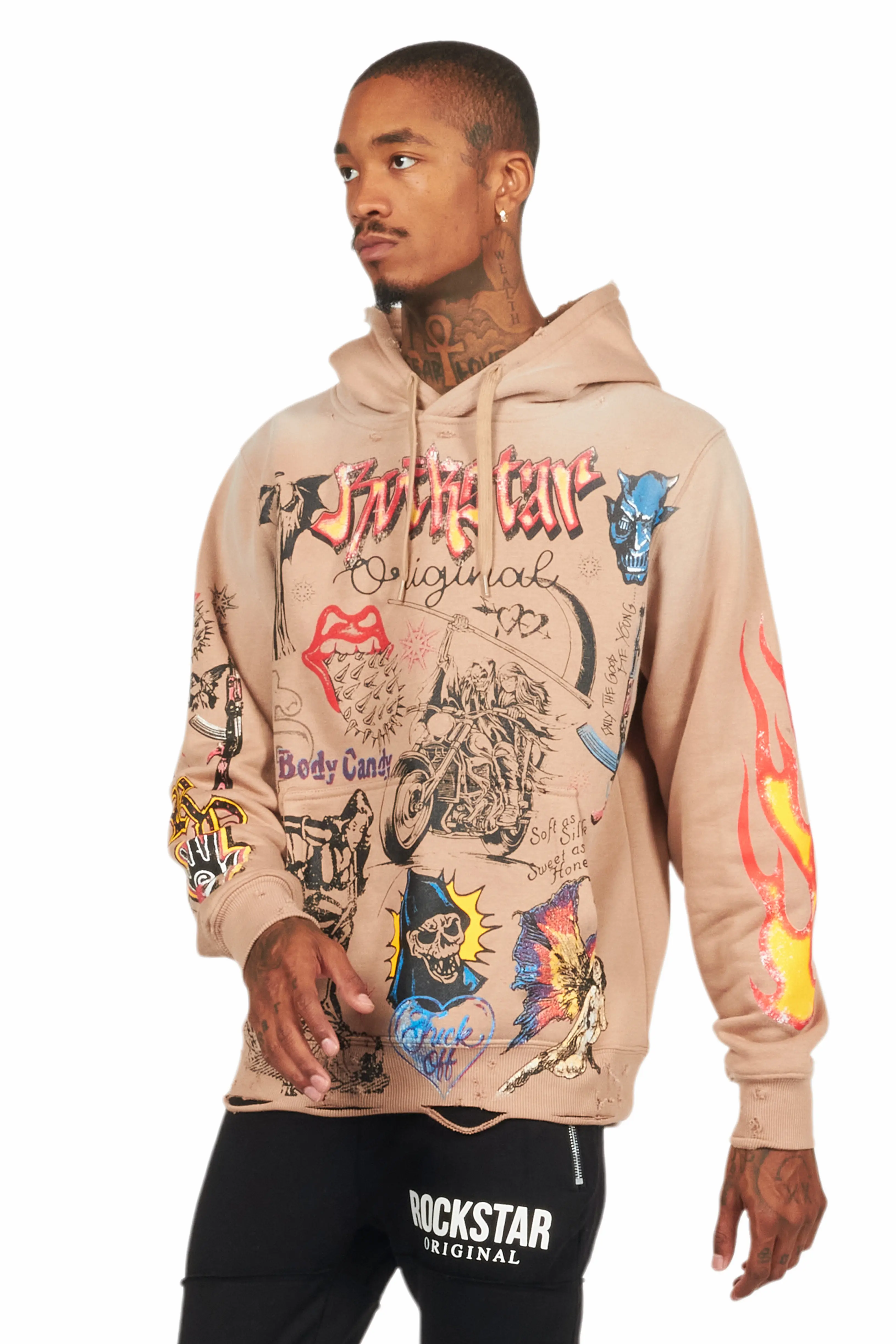 Shoota Beige Distressed Graphic Hoodie - Image 5