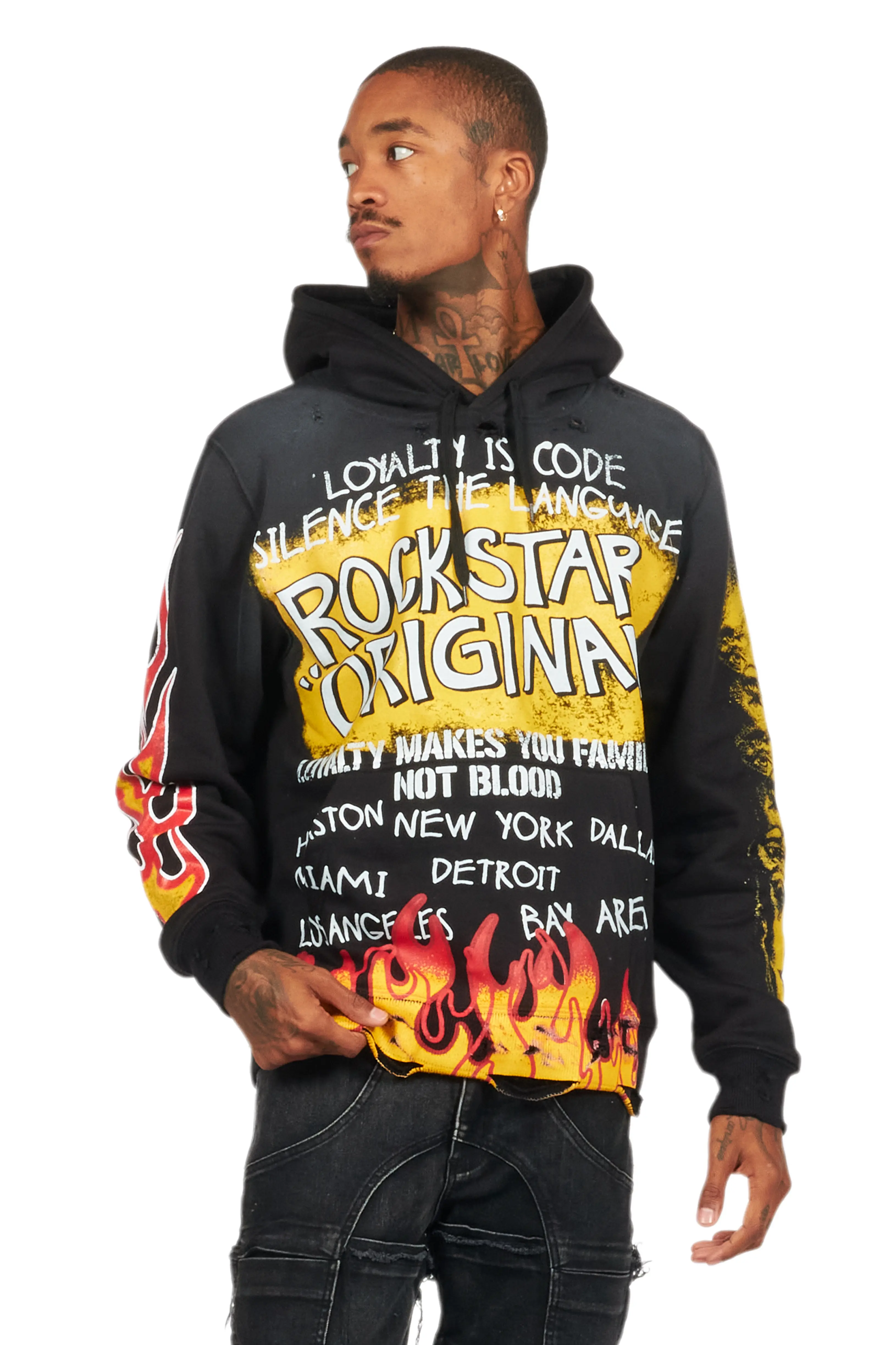 Beno Black/Yellow Distressed Graphic Hoodie - Image 2