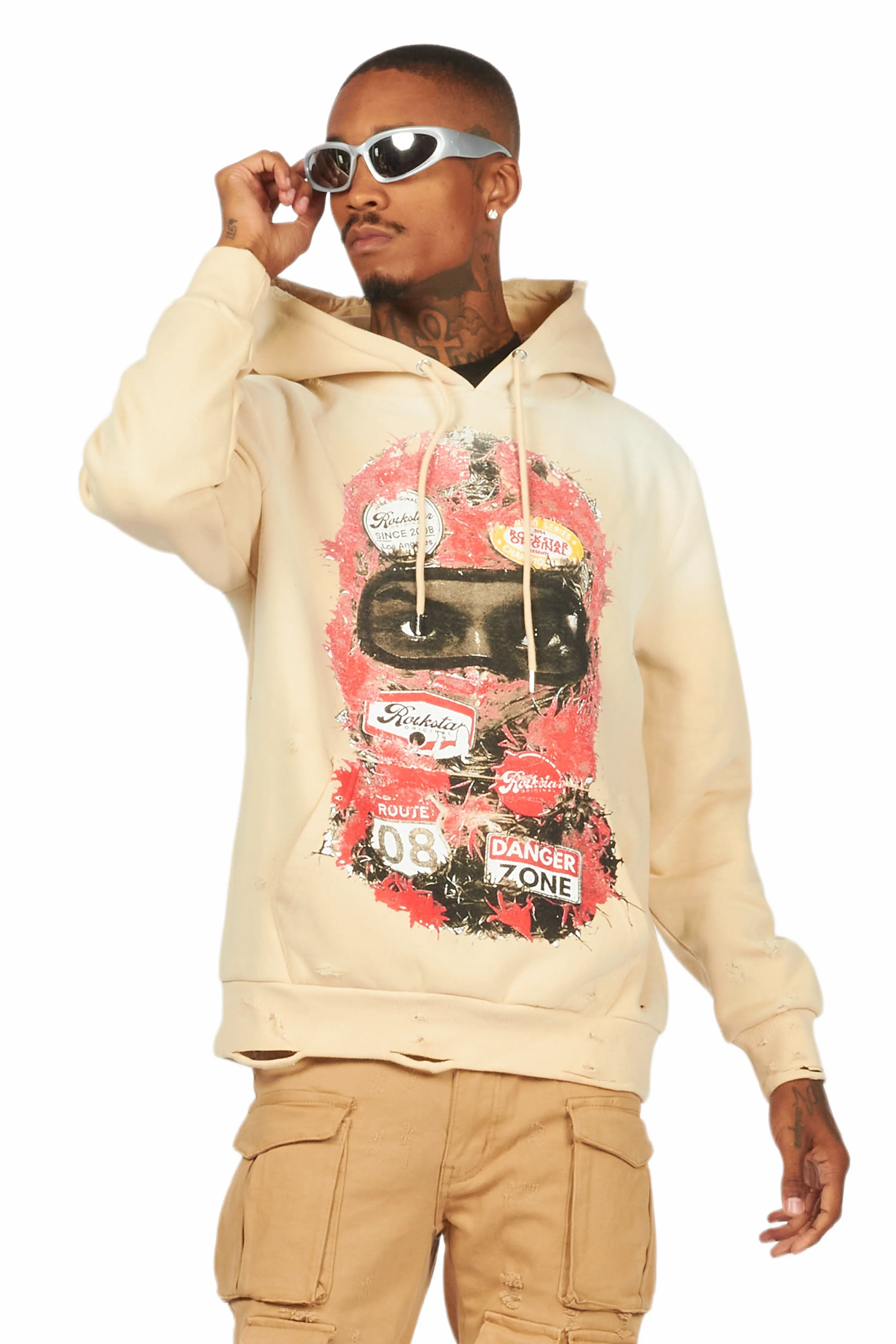 Lemar Beige Distressed Graphic Hoodie - Image 2