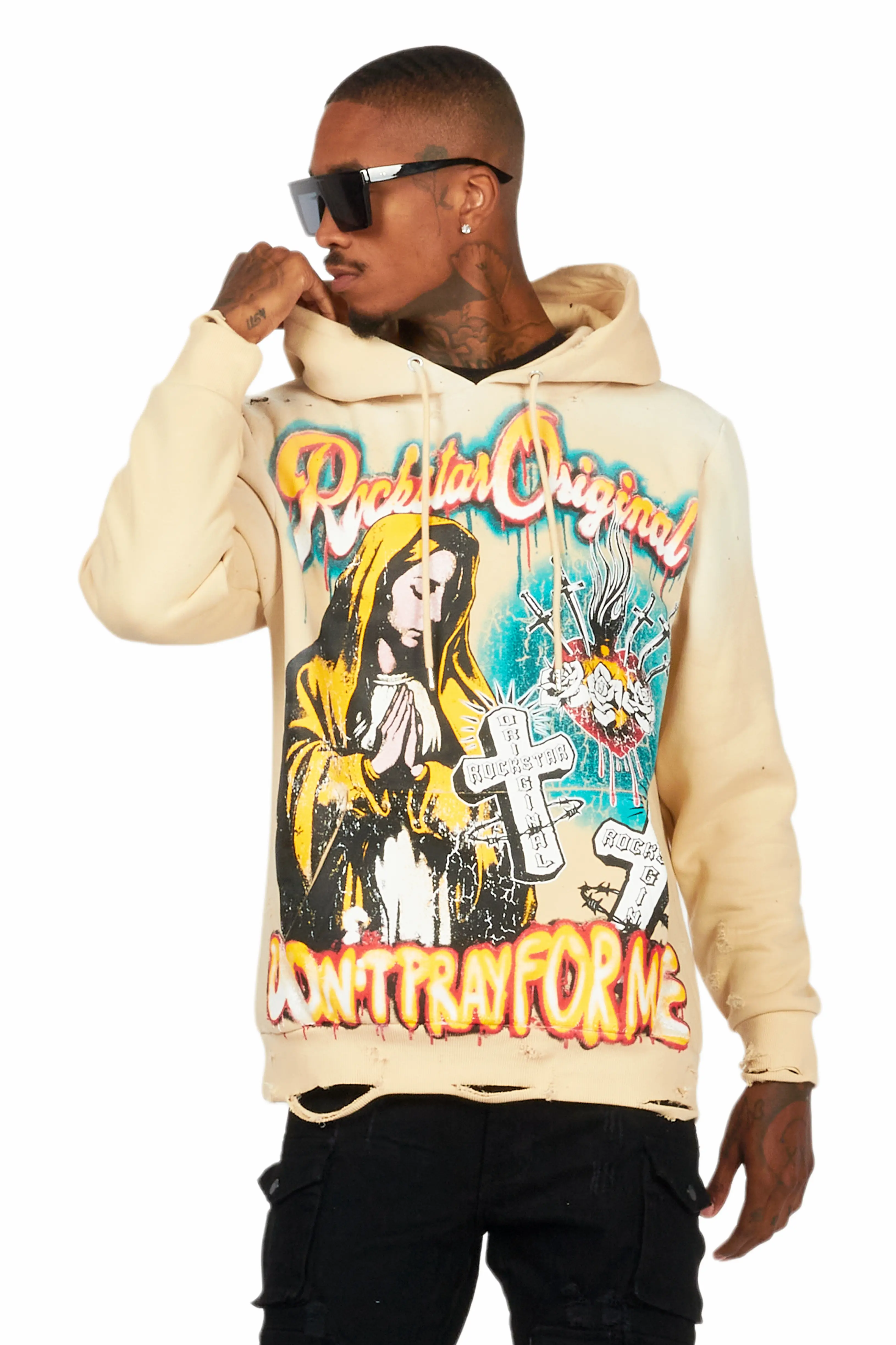 Loman Beige Distressed Graphic Hoodie - Image 3