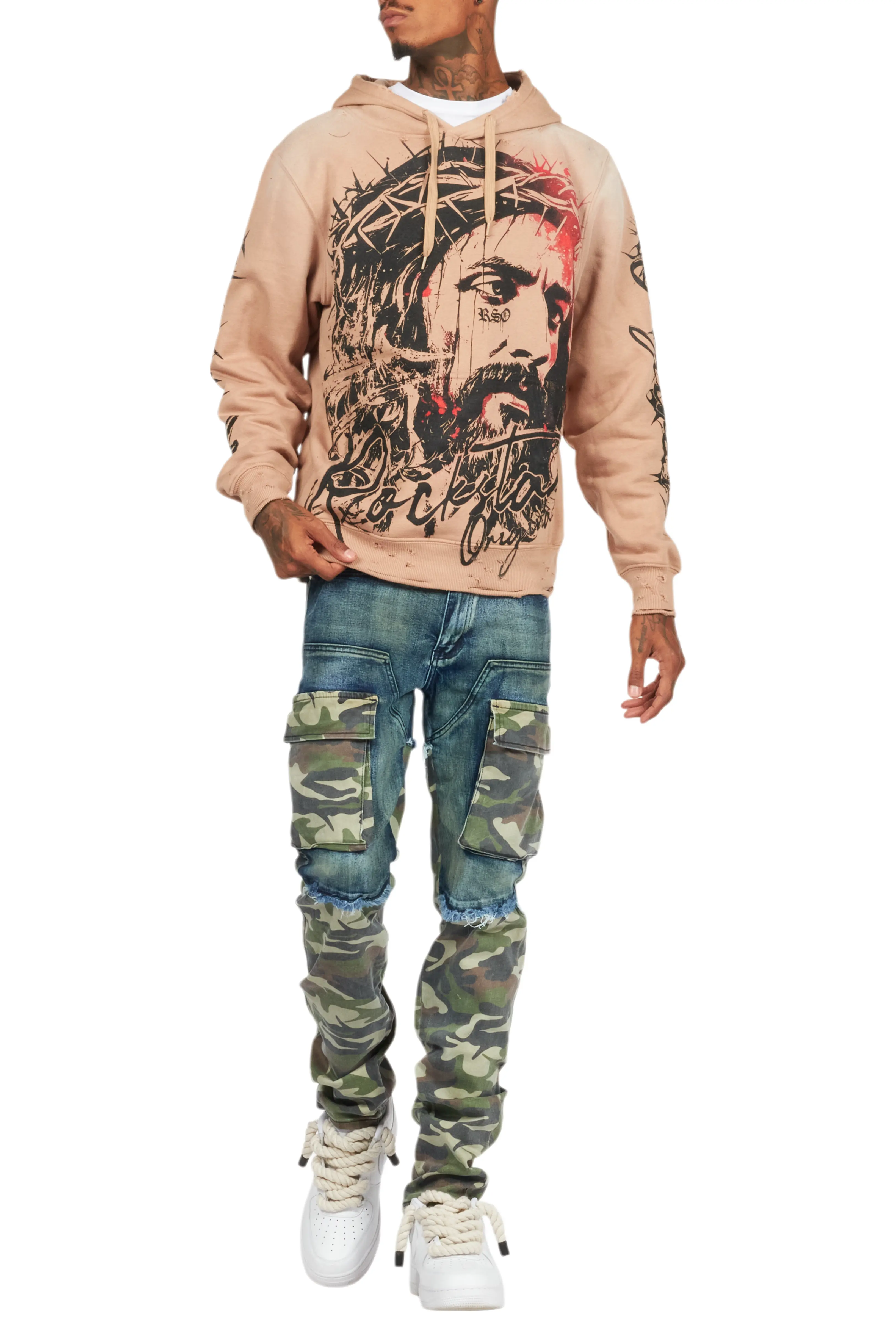 Bedros Khaki Graphic Distressed Hoodie - Image 8