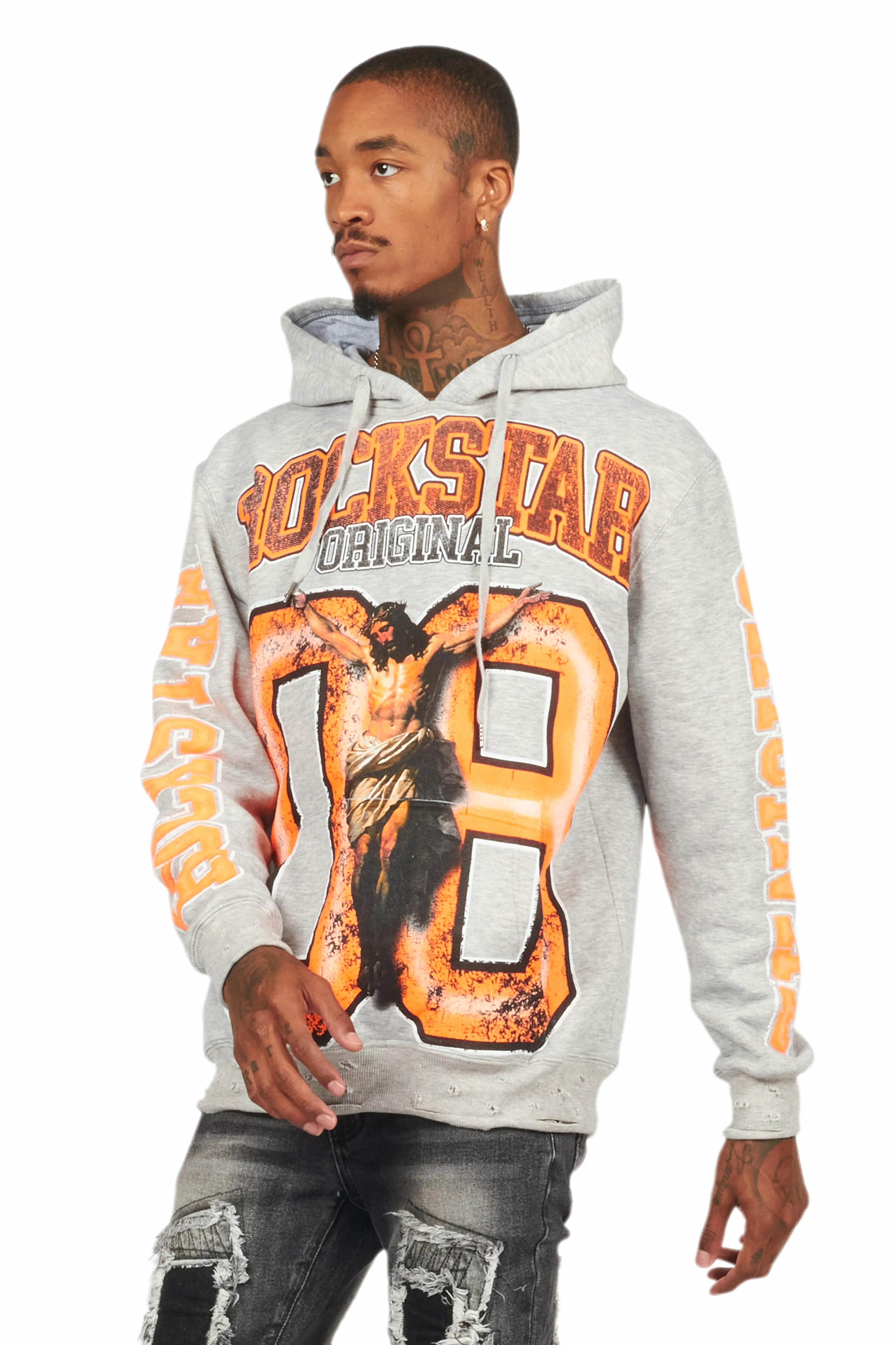Fields Grey/Orange Distressed Graphic Hoodie - Image 5