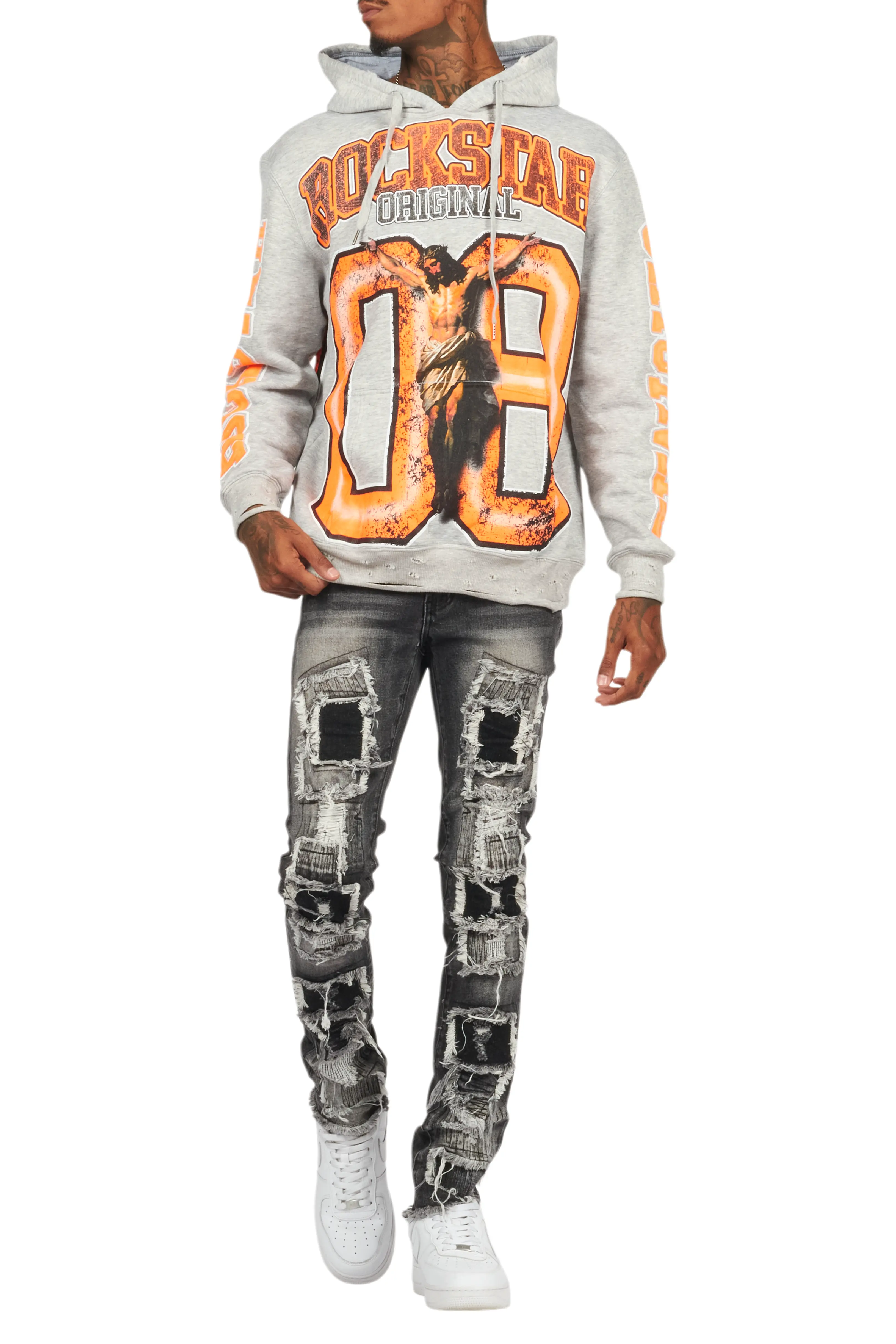 Fields Grey/Orange Distressed Graphic Hoodie - Image 9