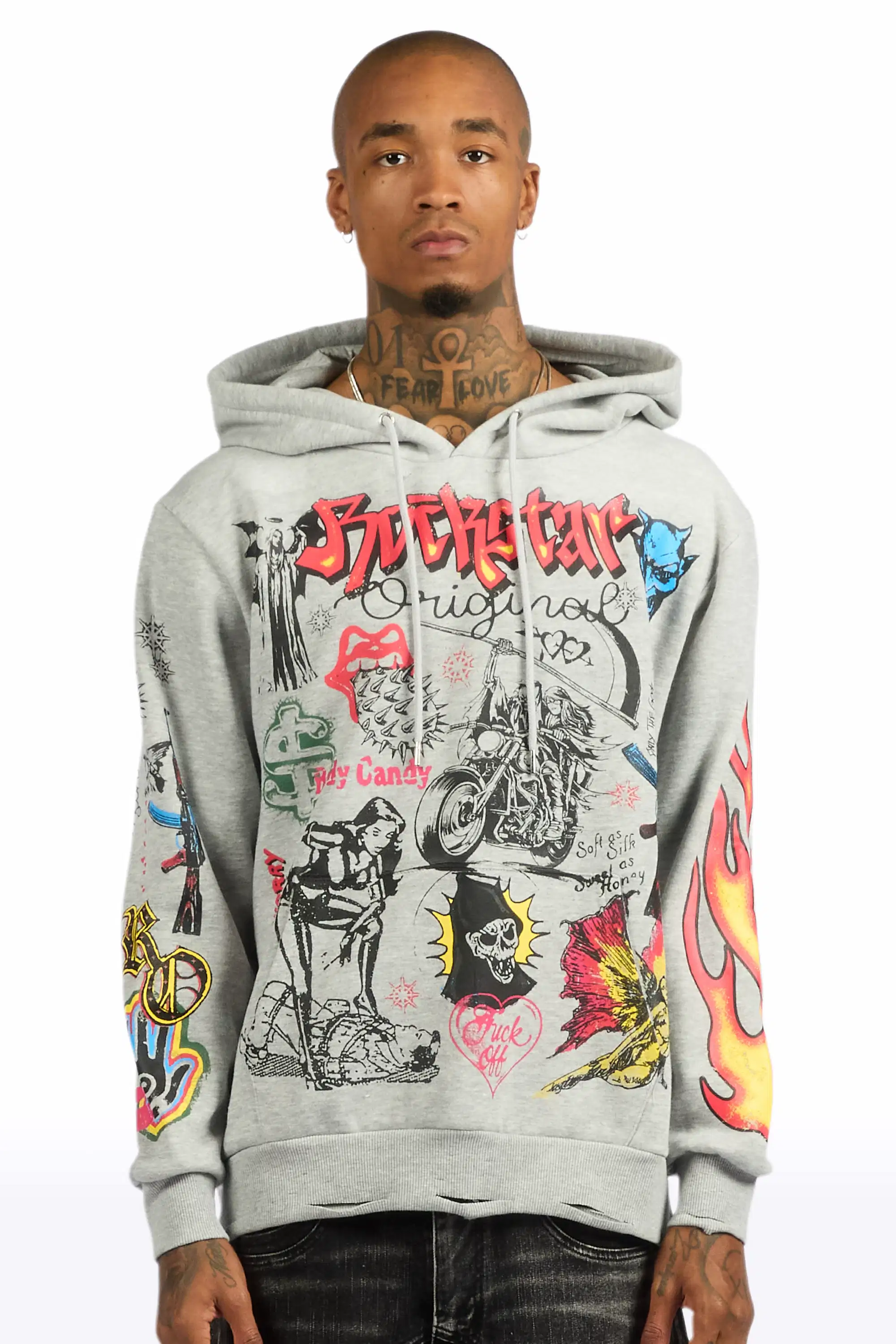 Shootah Heather Grey Distressed Graphic Relaxed Relaxed Hoodie - Image 2