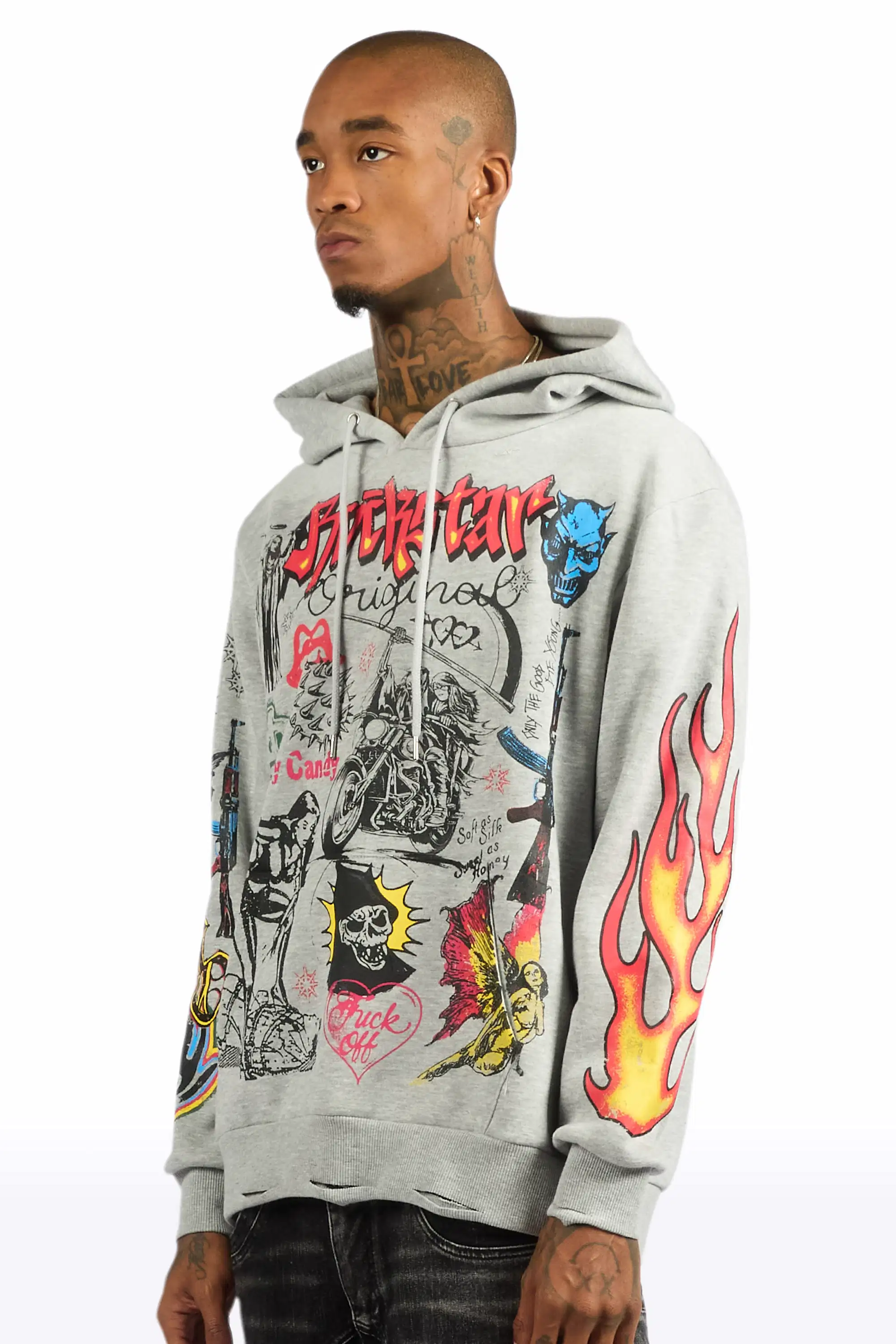 Shootah Heather Grey Distressed Graphic Relaxed Relaxed Hoodie - Image 5