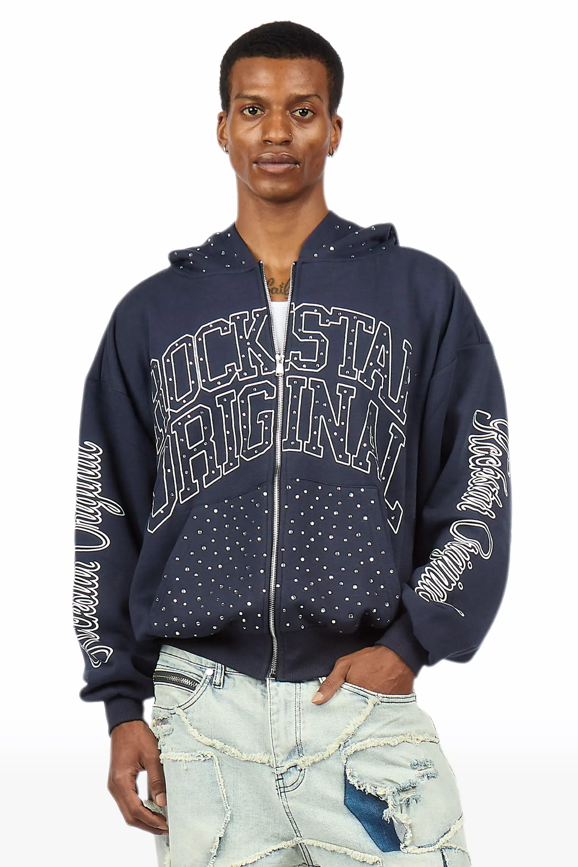 Dripped Navy Rhinestone Hoodie - Image 5