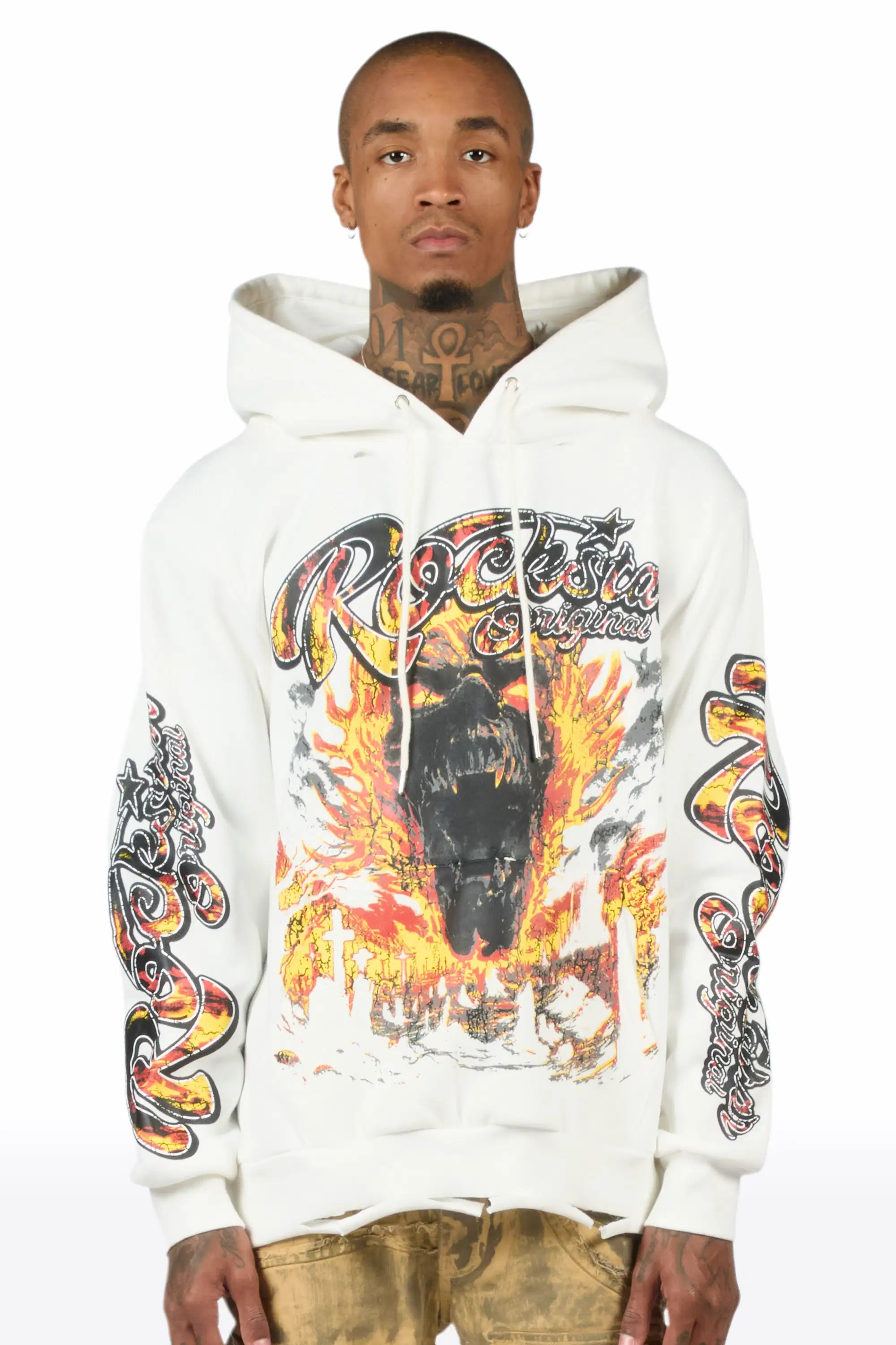 Flamer White Distressed Graphic Relaxed Hoodie - Image 2