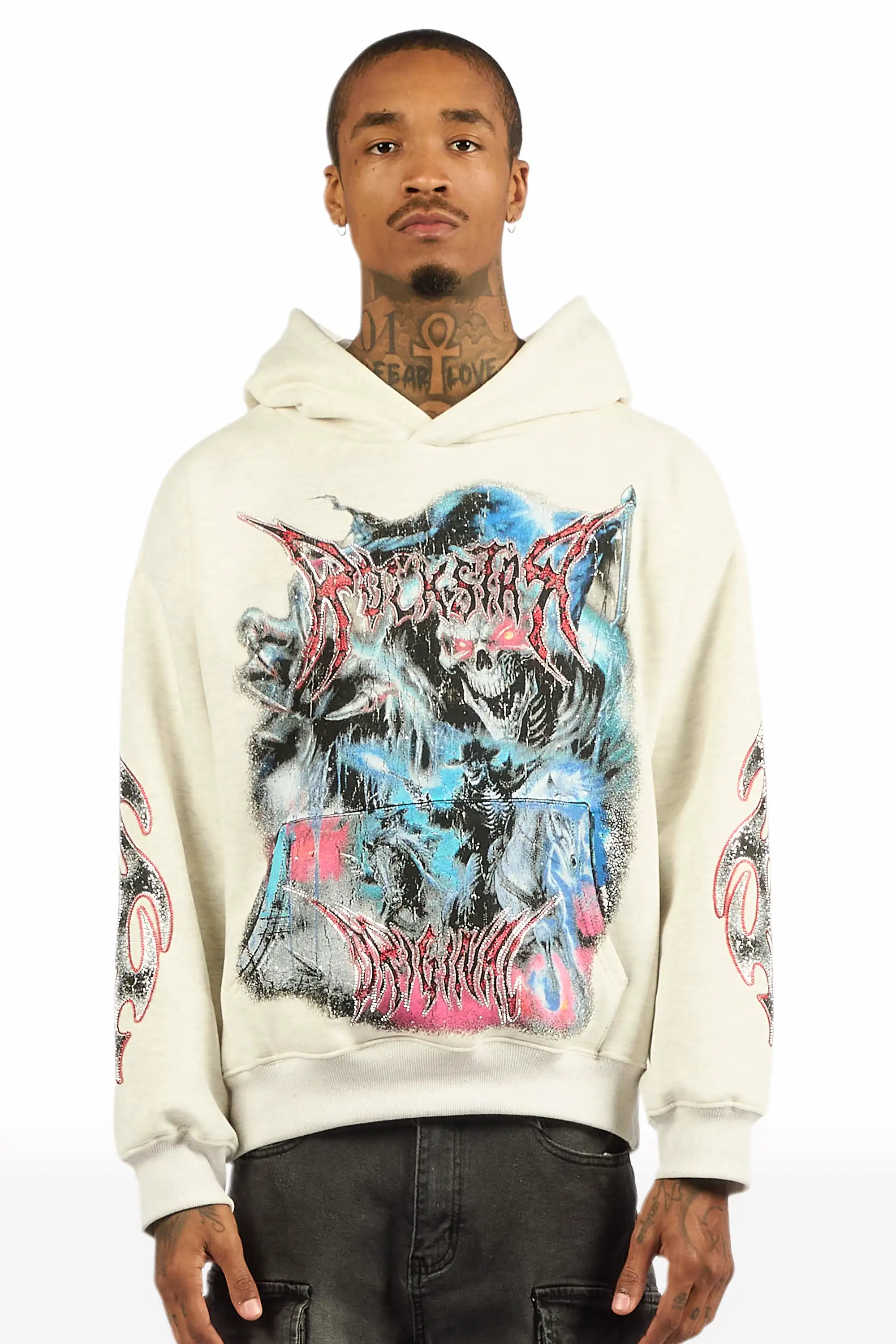 Rix Heather Grey Rhinestone Oversized Hoodie - Image 3