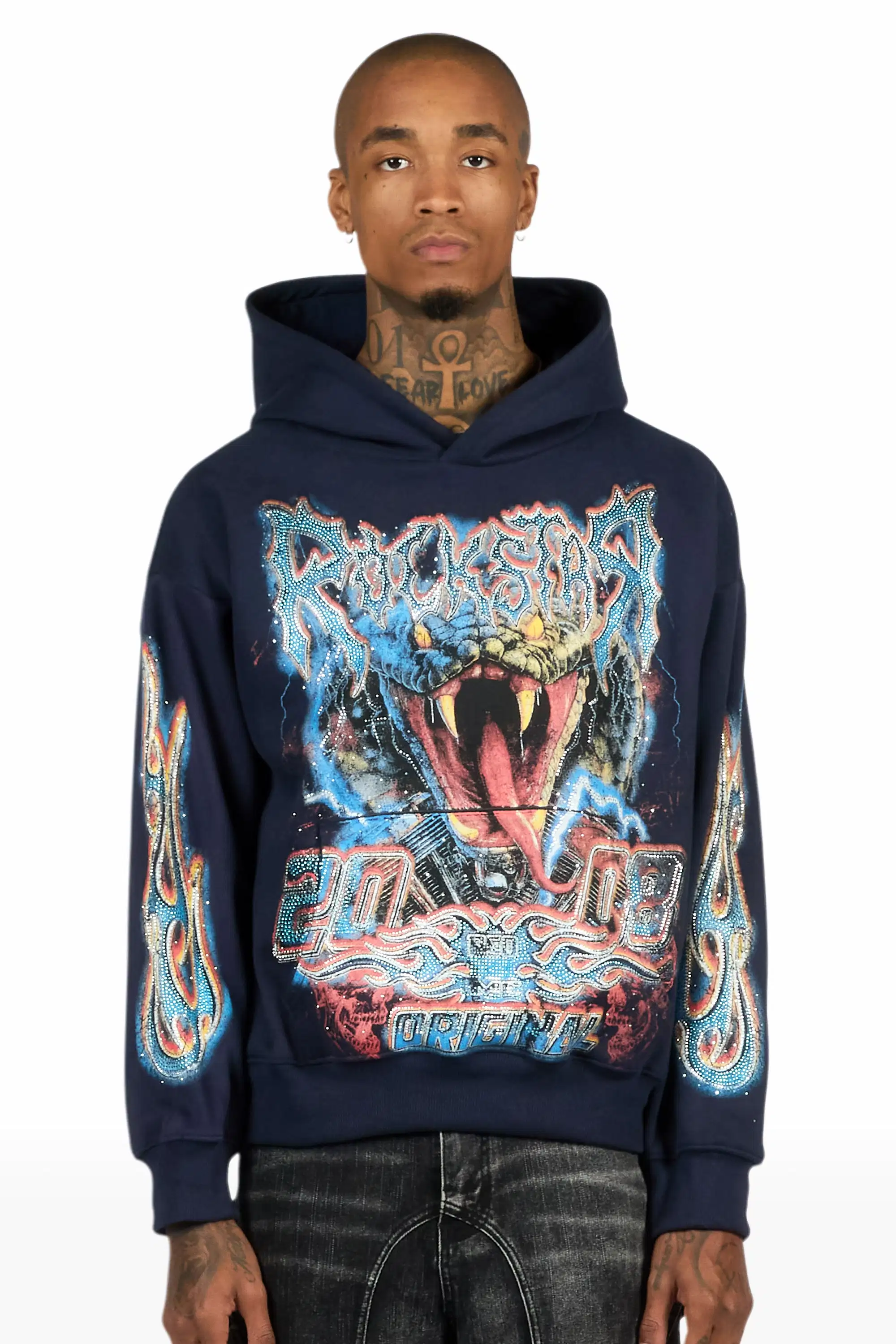 Rhylo Navy Rhinestone Oversized Hoodie - Image 3