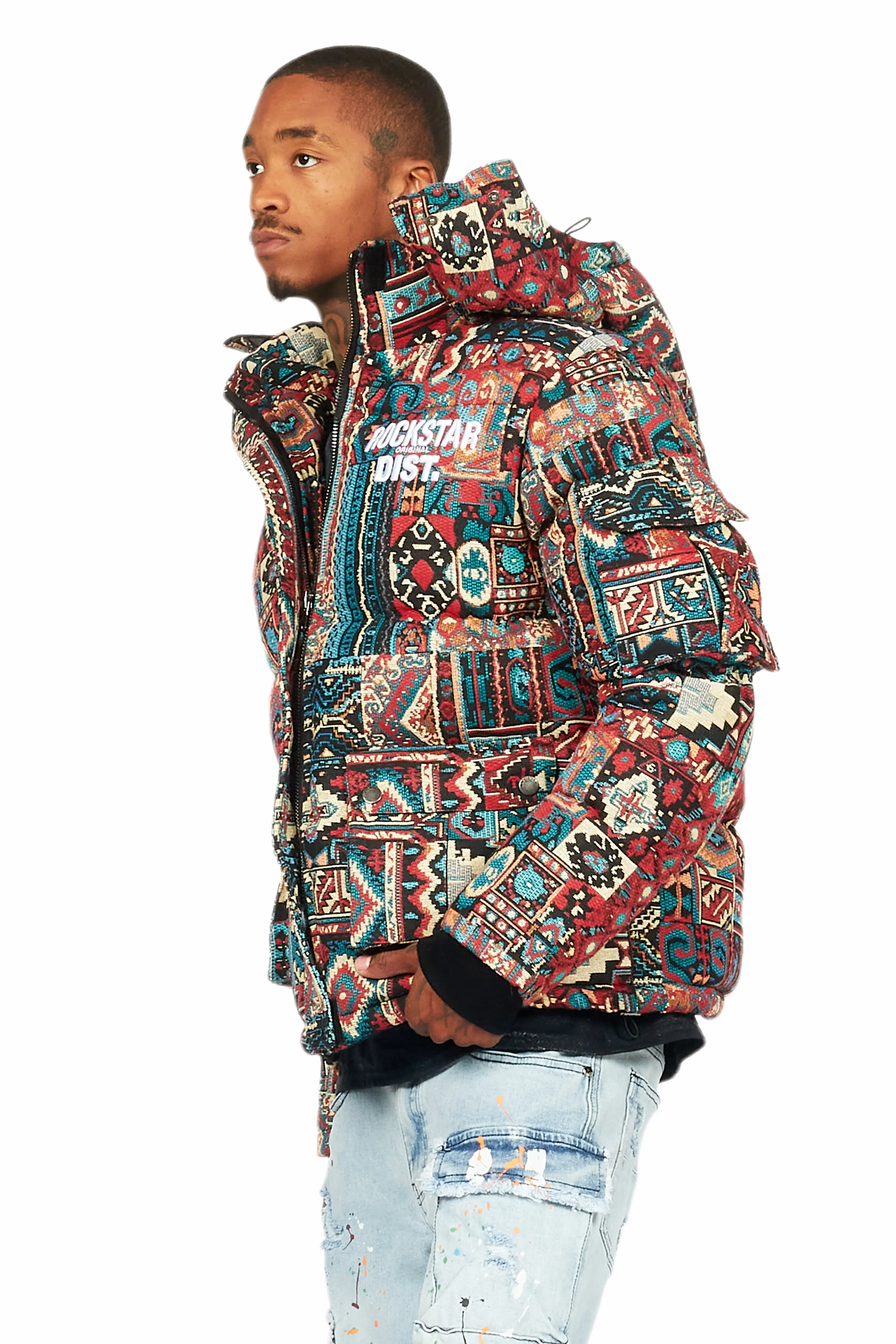 Nard Red Multi Tapestry Puffer Jacket - Image 6
