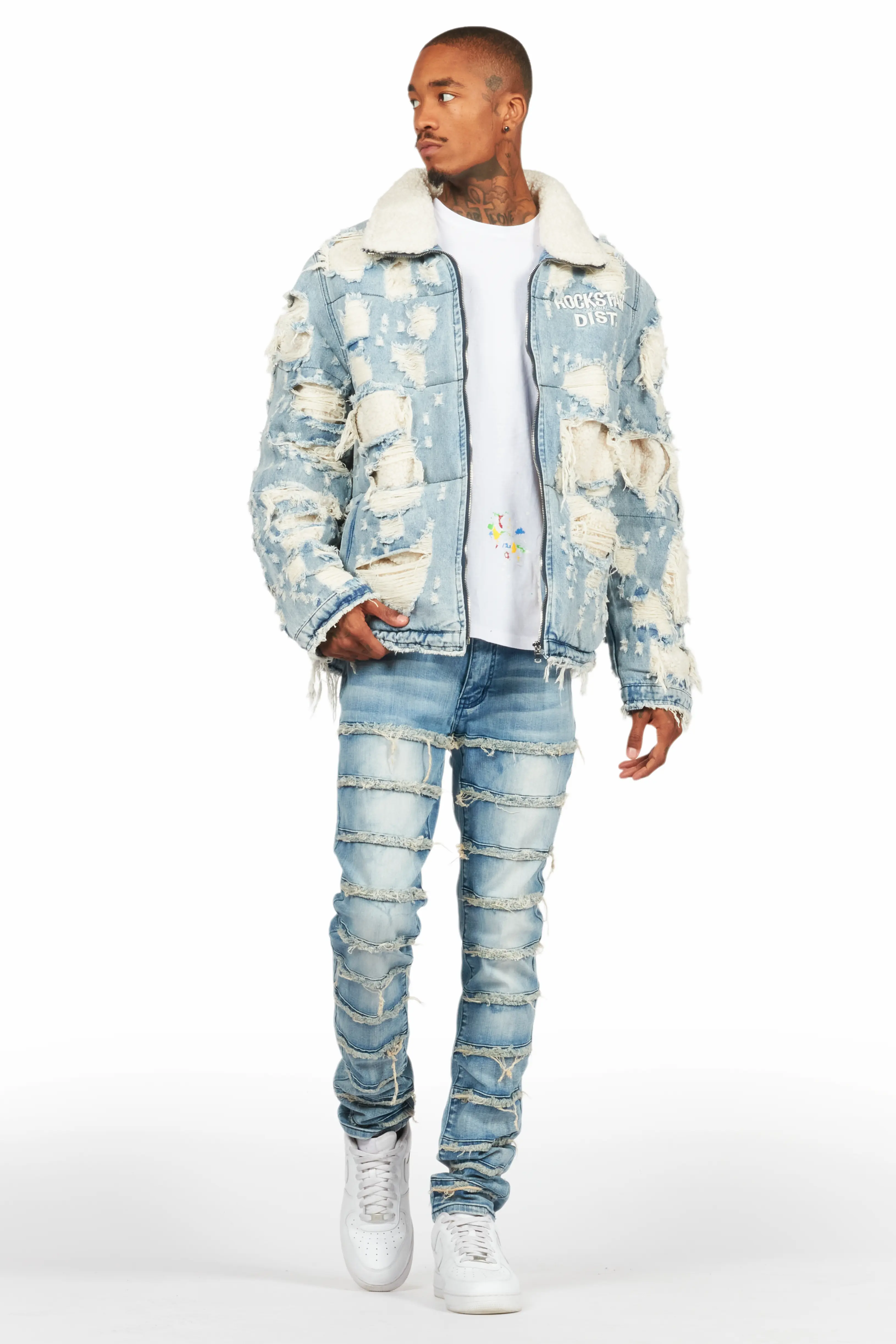 Faro Blue Denim Sherpa Puffer Jacket - Image 2
