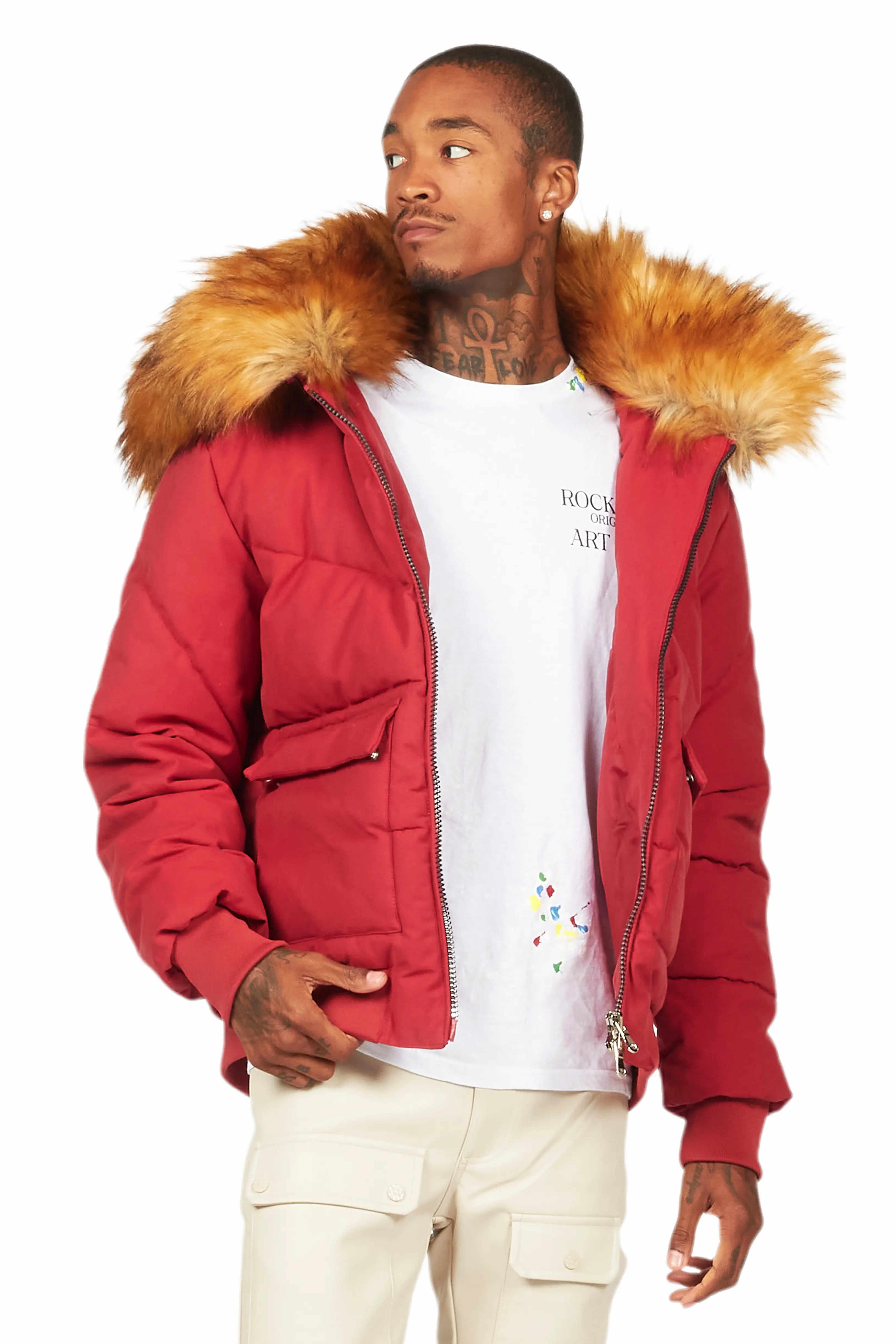 Langston Red Puffer Jacket with Fur Hood - Image 3