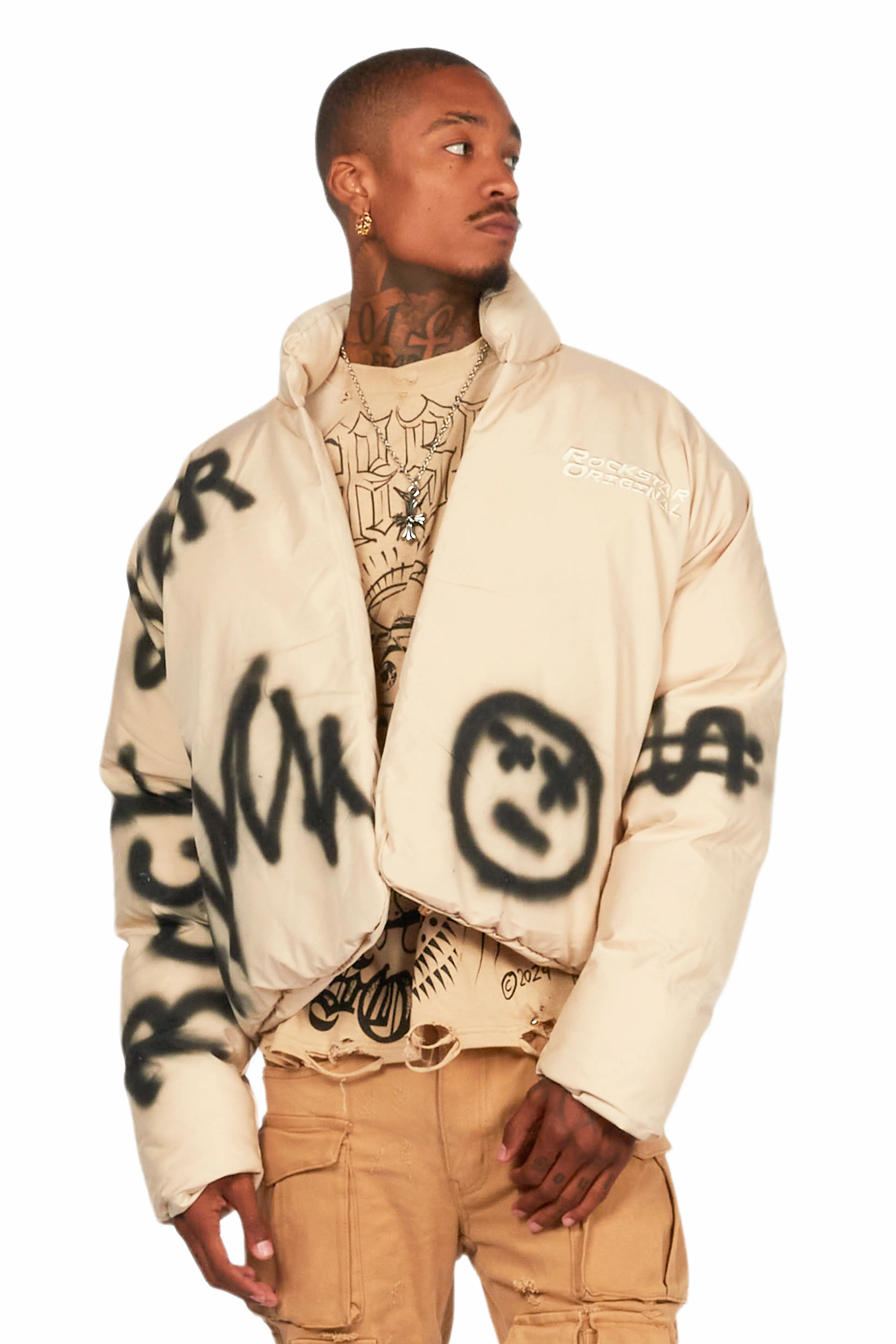 Keno Beige Graphic Puffer Jacket - Image 2
