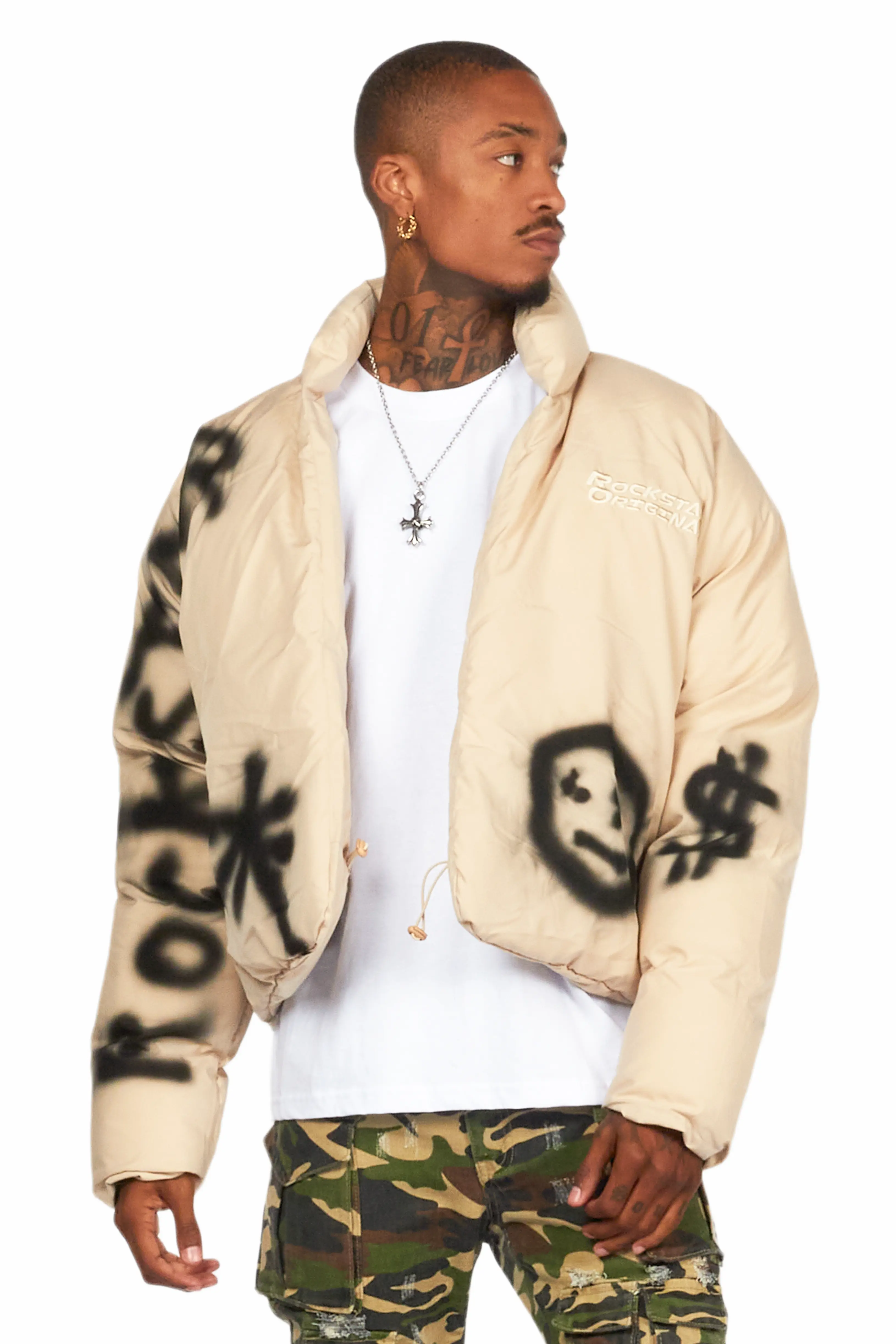 Veda Beige Graphic Puffer Jacket - Image 2