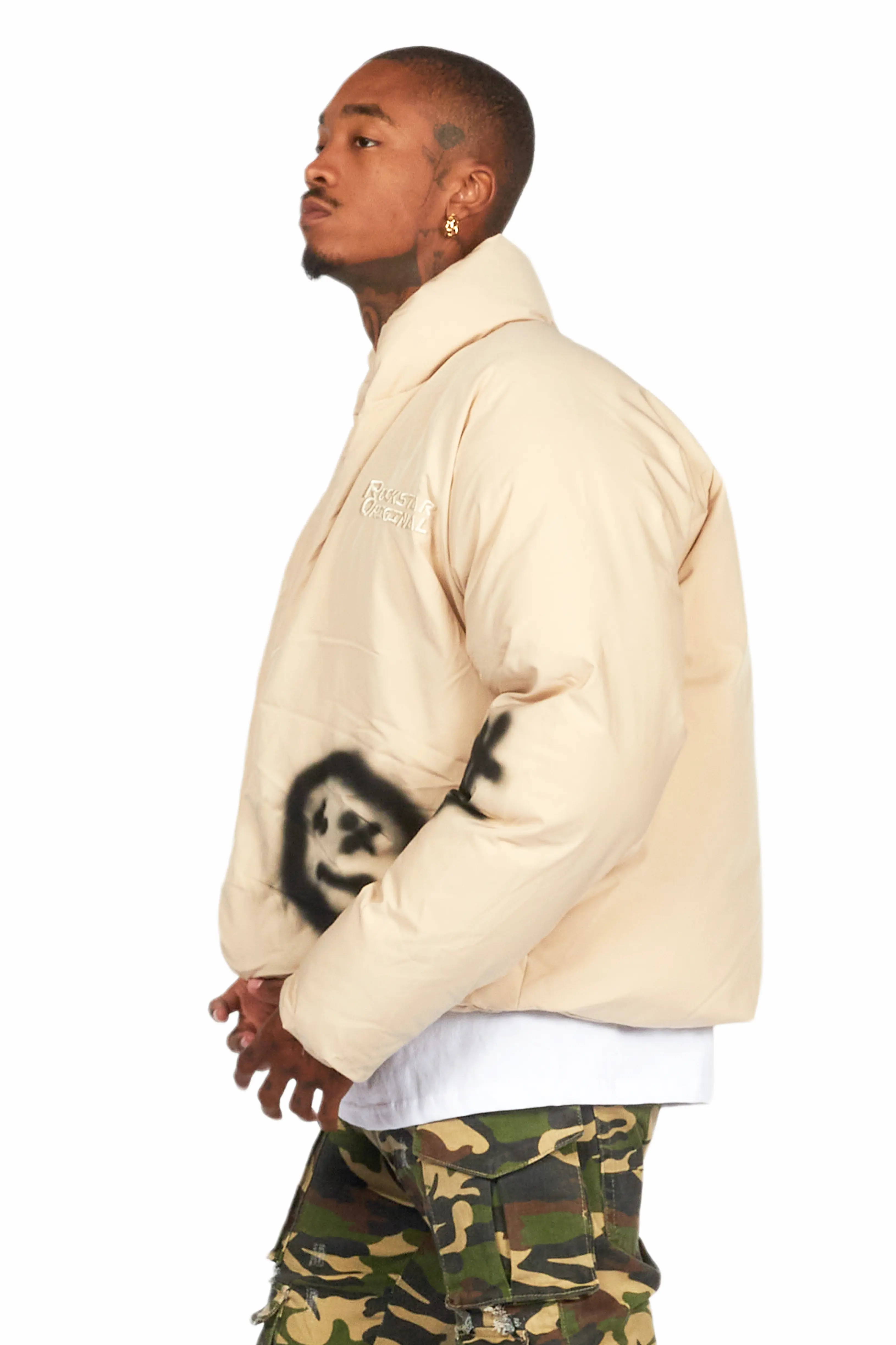 Veda Beige Graphic Puffer Jacket - Image 4