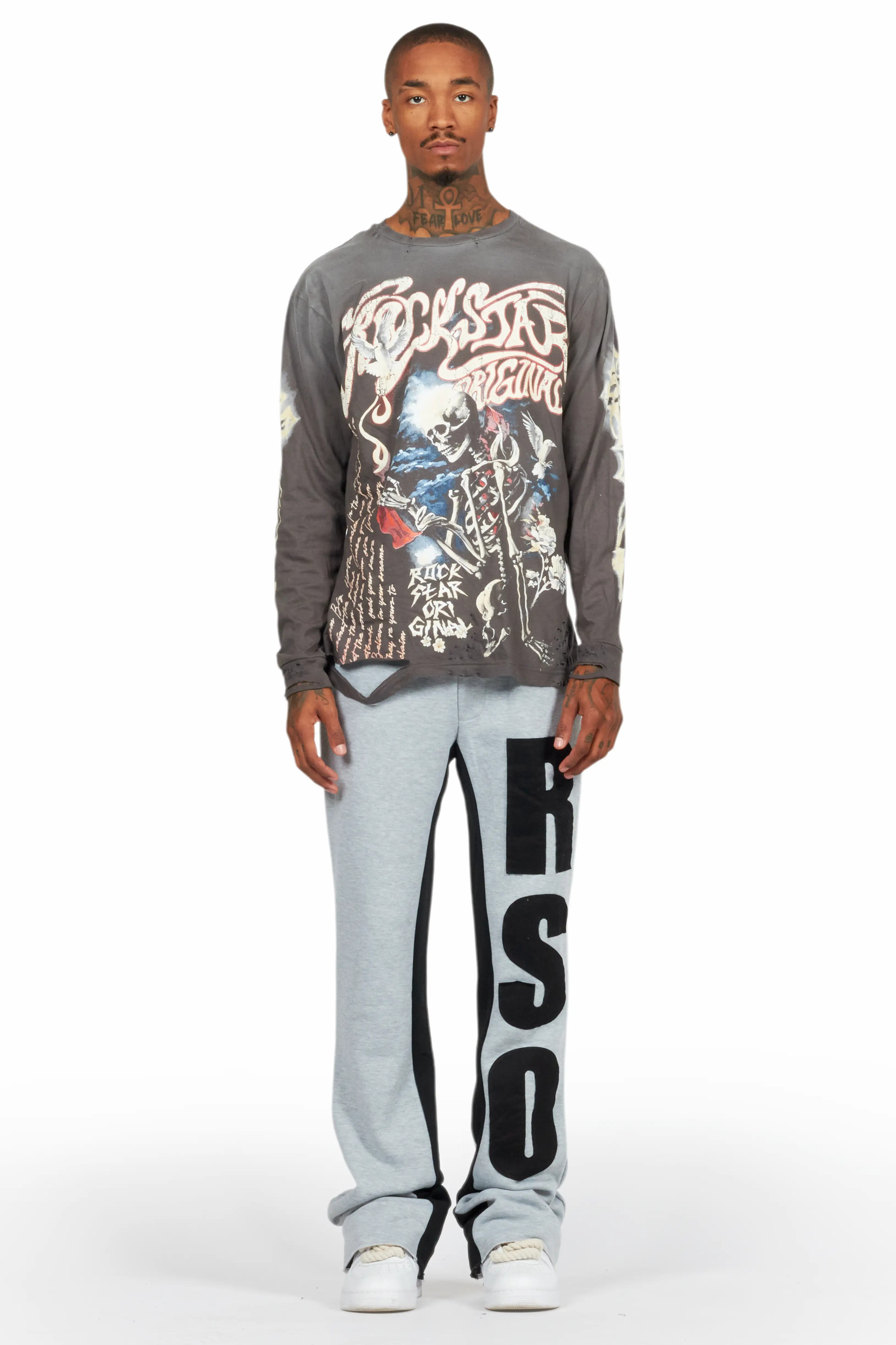 Uko Heather Grey Stacked Baggy Track Pant - Image 3